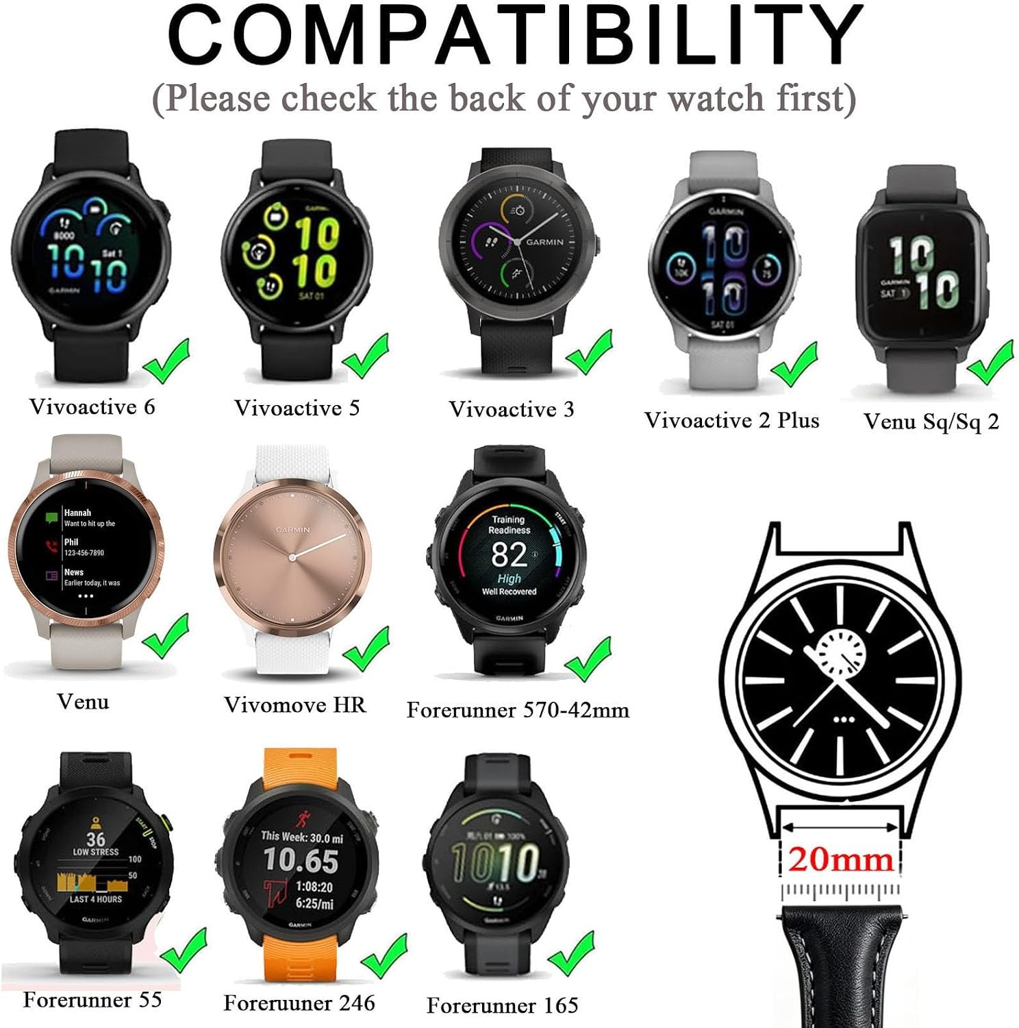 20mm Slim Leather Strap Compatible with Garmin Vivoactive 6