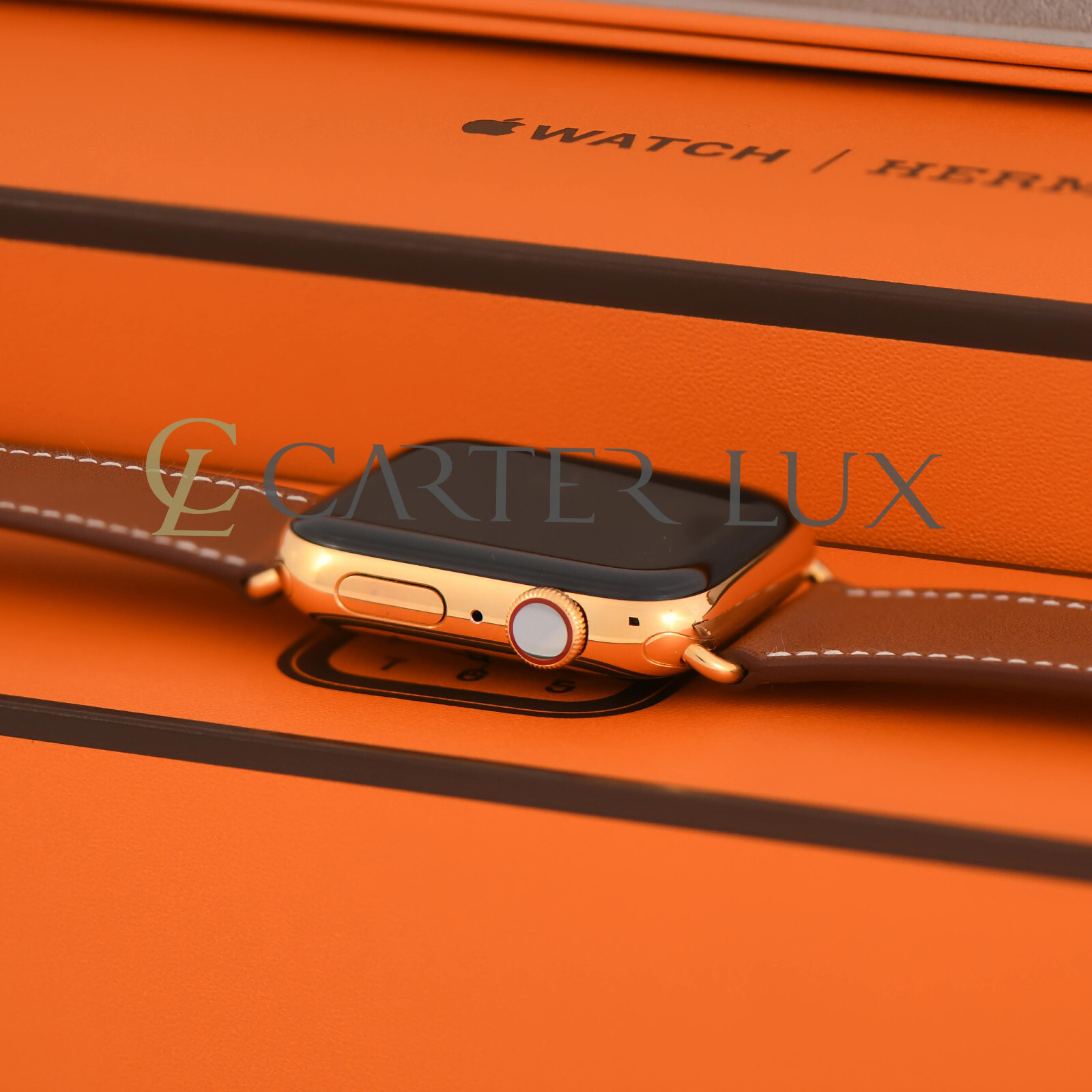 24K Gold Plated Series 9 HERMES Apple Watch 45mm Fauve Single Tour Brown Leather