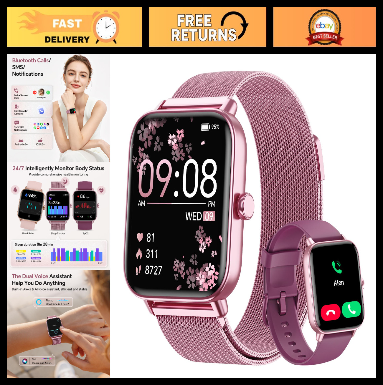 Women’s Smart Watch 1.85” HD, Calls/SMS/Reminders, Fitness Tracker, Heart Rate,