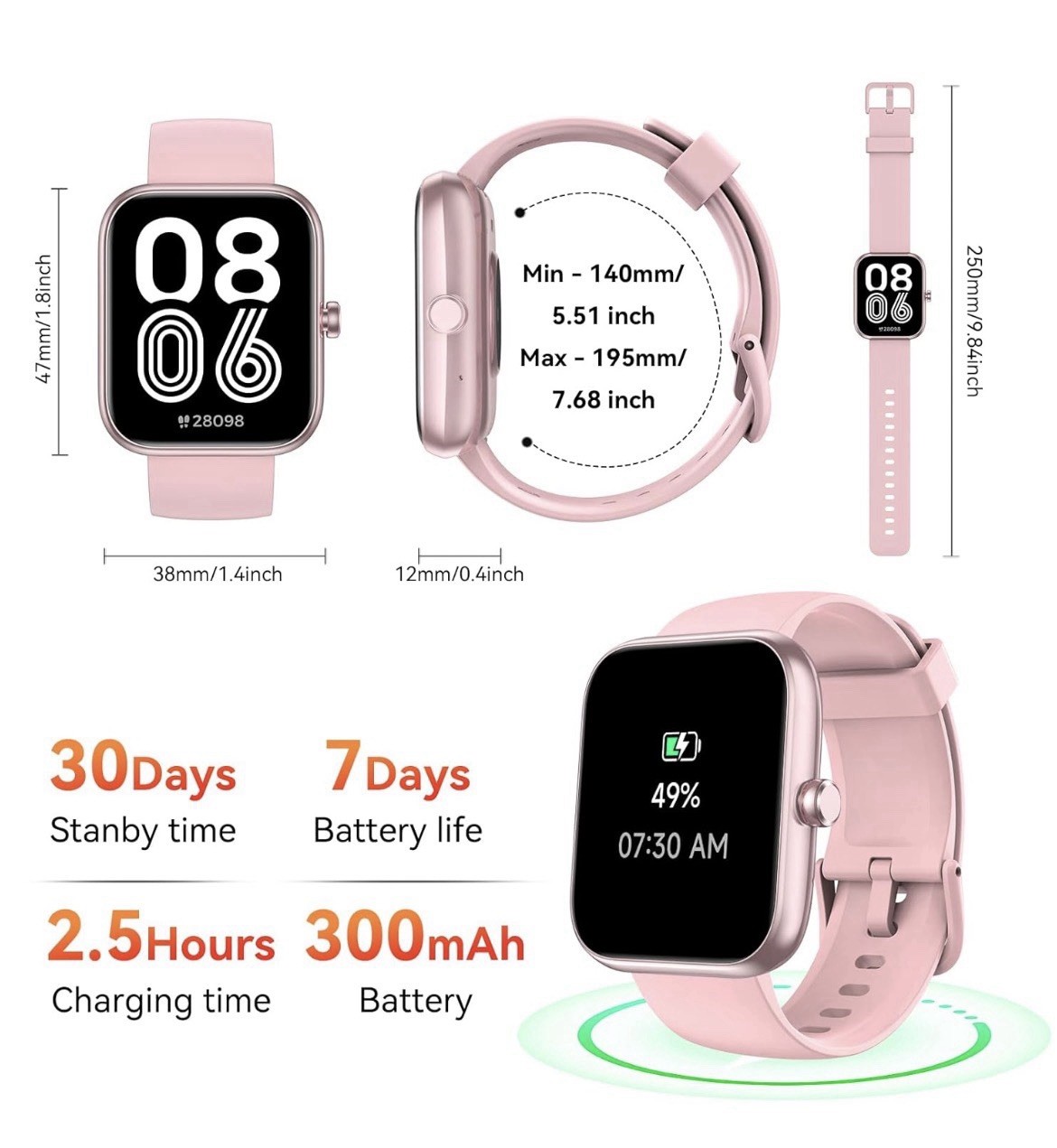 SENBONO Smart Watch Alexa BT Calls 1.83″ HD 120 Sport Modes Health Track -PINK