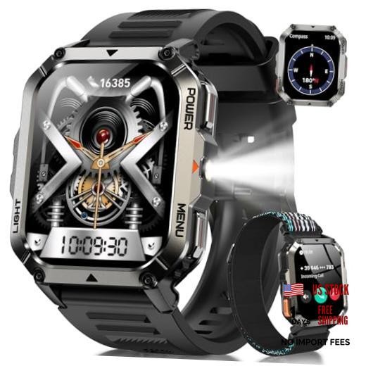 Military Tactical Smart Watches for Men, 100-Day Battery Rugged W70Pro-Black