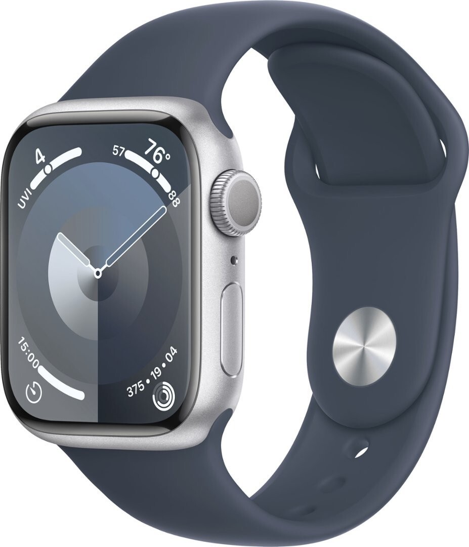 New Apple Watch Series 9 GPS 41mm Silver Aluminum Case Storm Blue Sport Band S/M