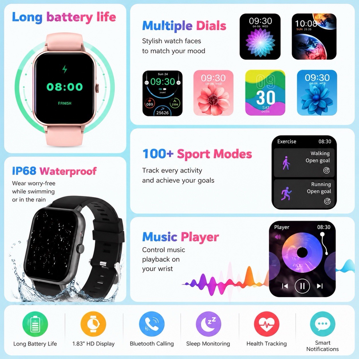 Smart Watch Women Men Bluetooth Call Fitness Tracker Heart Rate IP67 iOS Android
