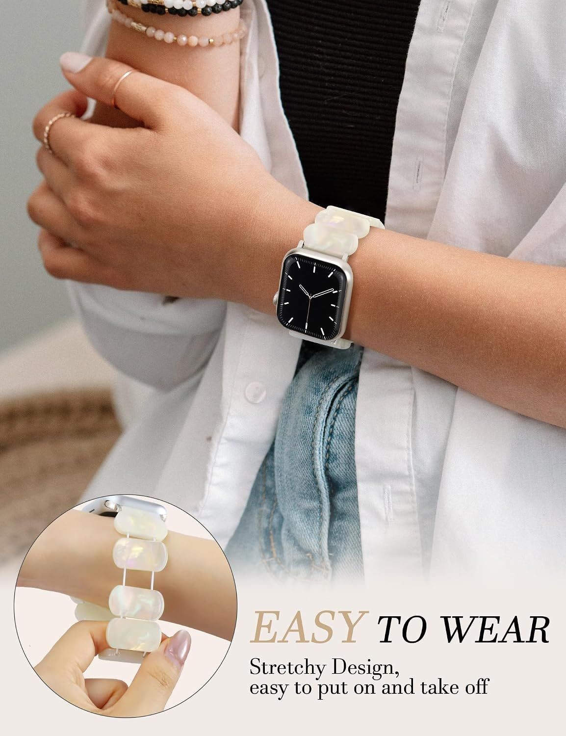 Strap For Apple Watch 10/11, Ivory White Beaded Resin Stretch Band