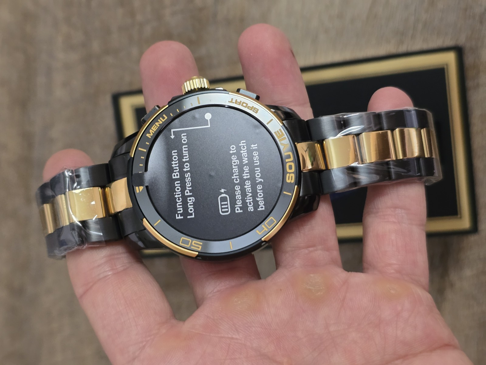 Smart Watch Touchscreen 46mm Black Metal Case Gold Steel Band