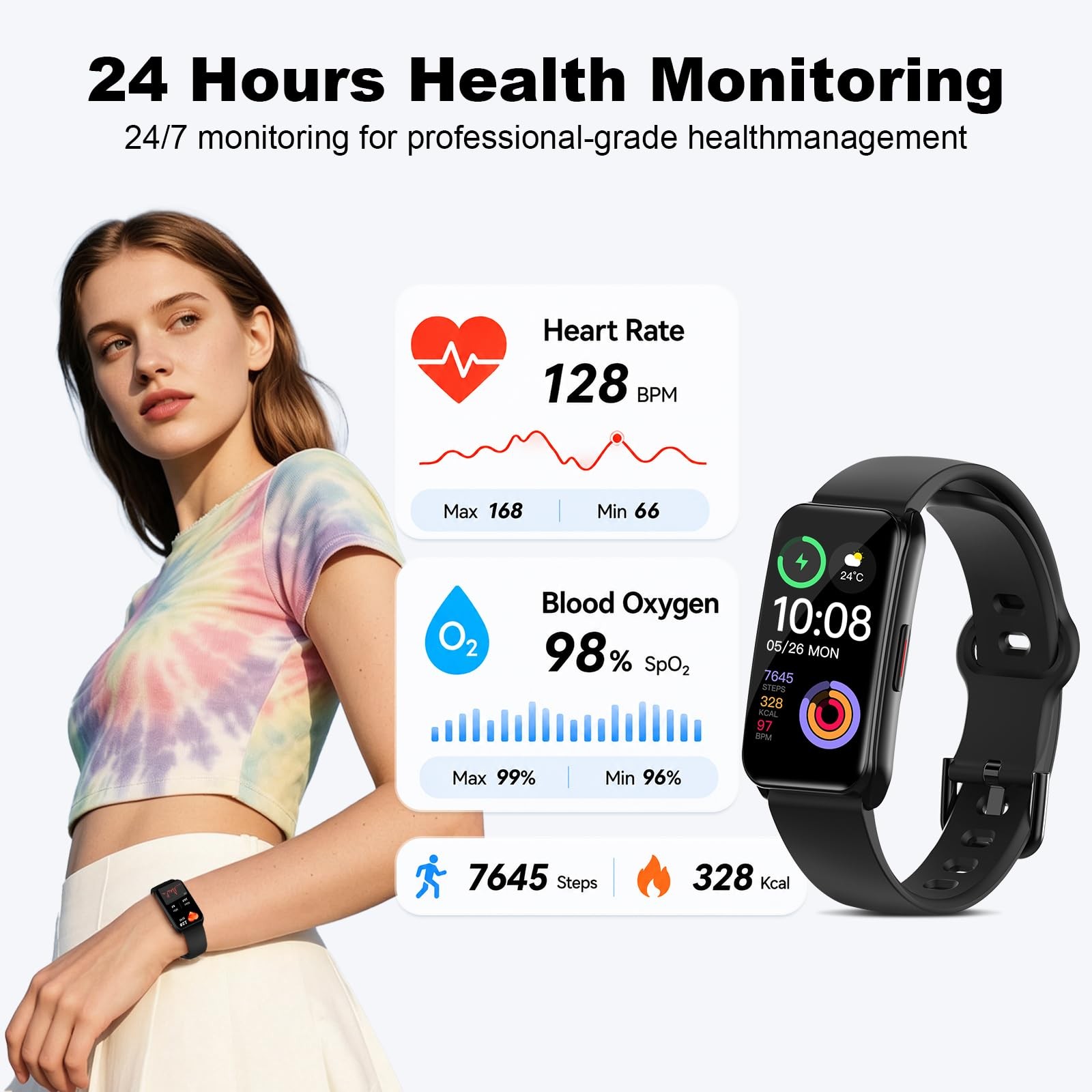 Fitness Tracker Watch Heart Rate Blood Oxygen Sleep Monitor IP68 Waterproof S…