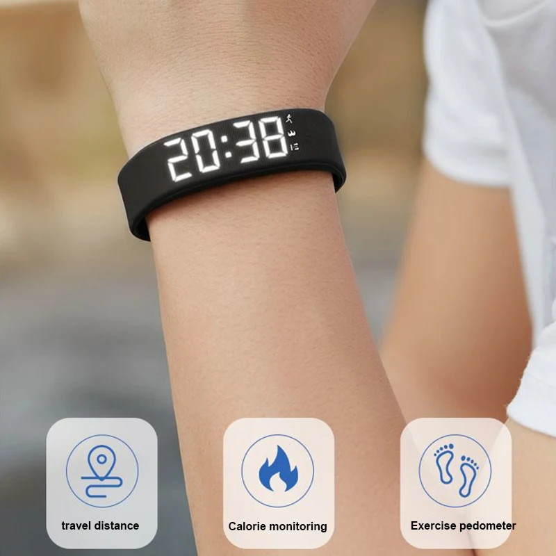 Running Pedometer Alarm Clock Watch Snooze Proof Adjustable Bracelet