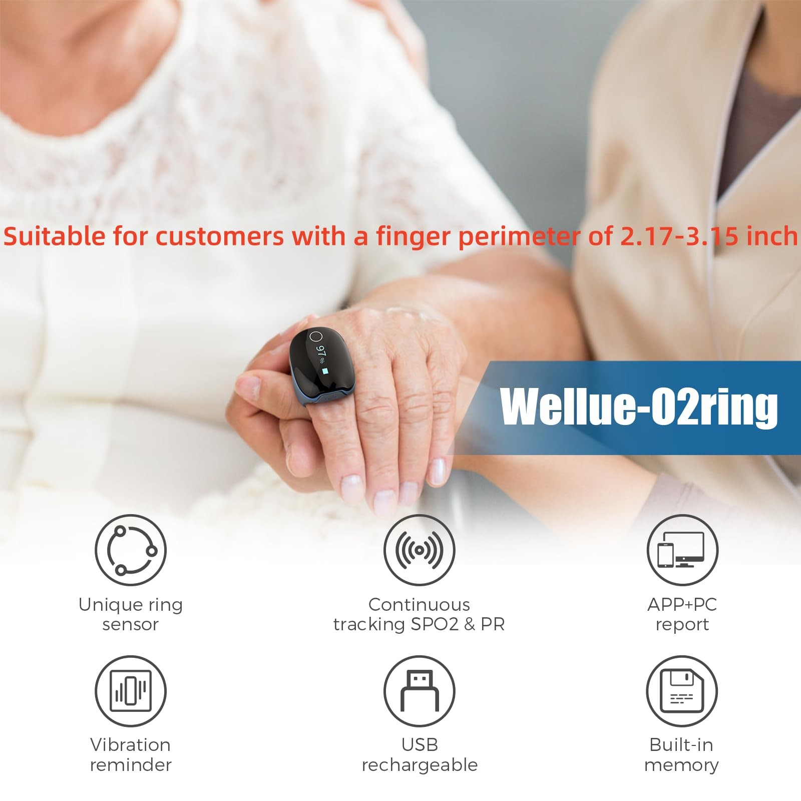 O2Ring Oxygen Monitor with Vibration Reminder -Bluetooth O2 Pulse Oximeter Re…