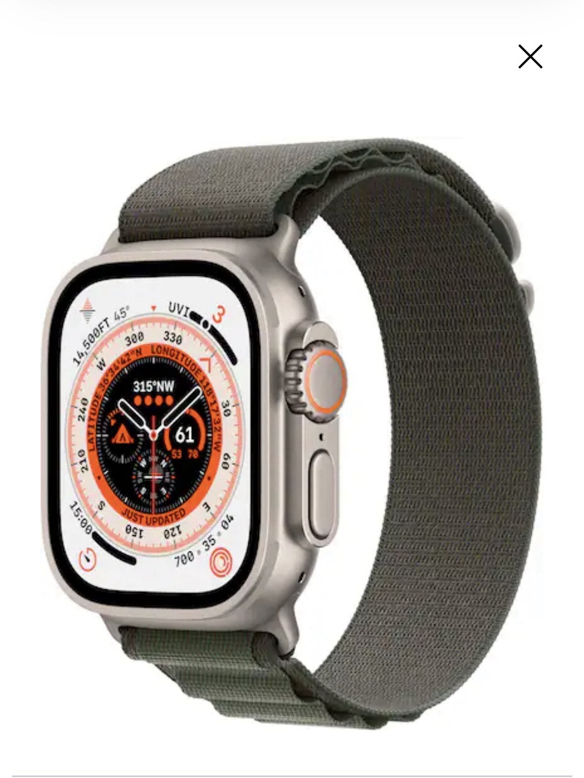 Apple Watch Ultra (GPS + Cellular) 49mm Titanium Case with Green Alpine Loop