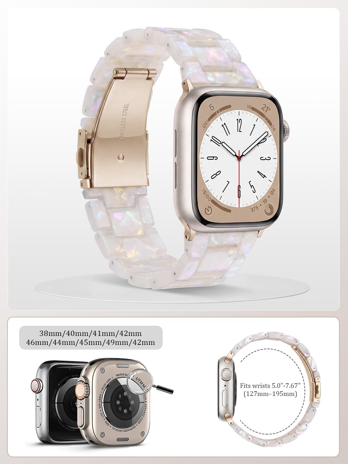 Resin Strap Compatible with Apple Watch Series 7 41mm, Ivory White-Rose Gold
