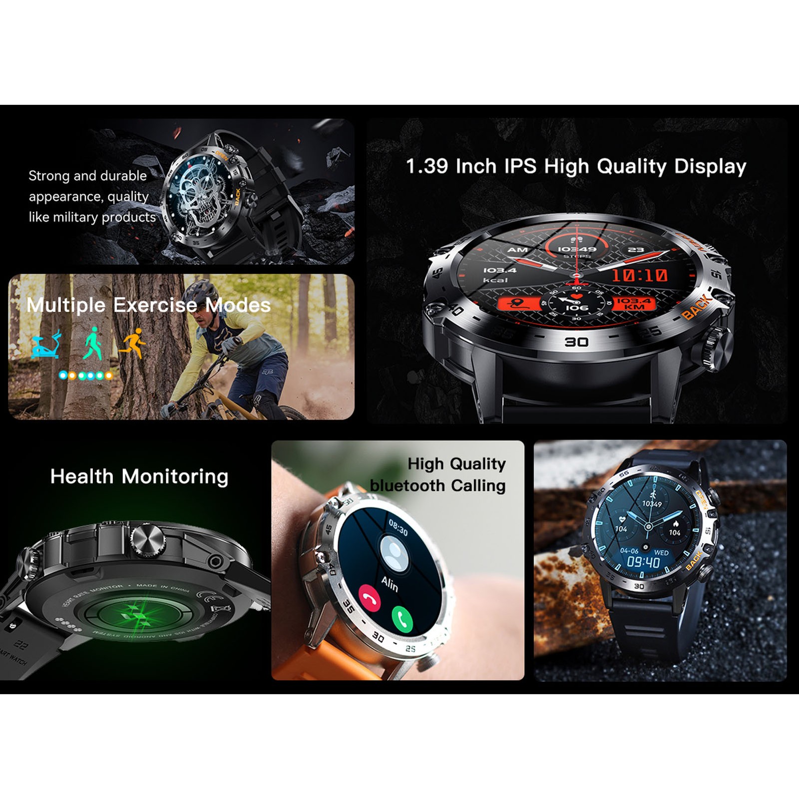 Black Outdoor Smartwatch With Speaker Waterproof Dustproof LCD Bluetooth