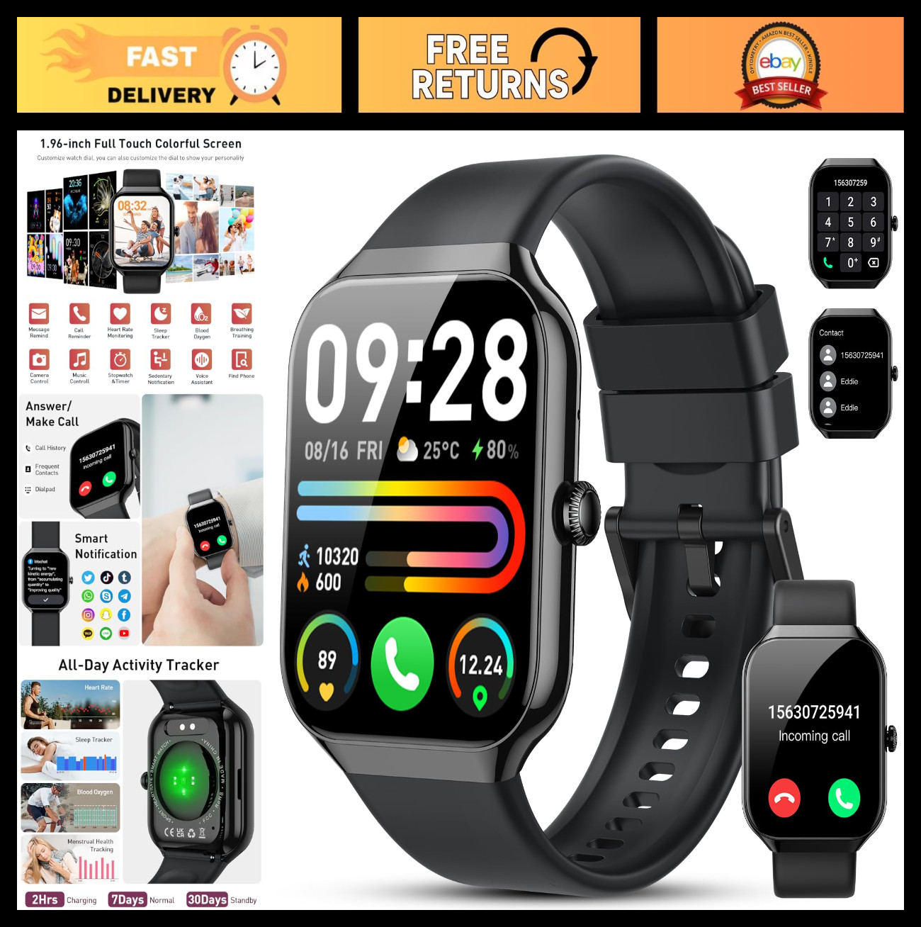 2026 Smartwatch for Men & Women – 1.96″ HD Touch, BT5.4 Call, Fitness Tracker, I