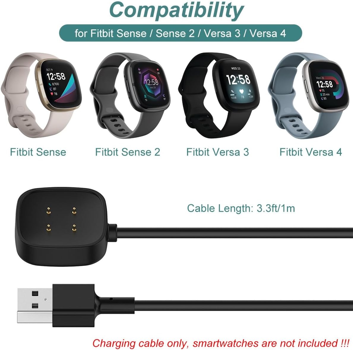 Charger for Fitbit Sense/Sense 2/Versa 3/Versa 4, Replacement Charging Cable Cor