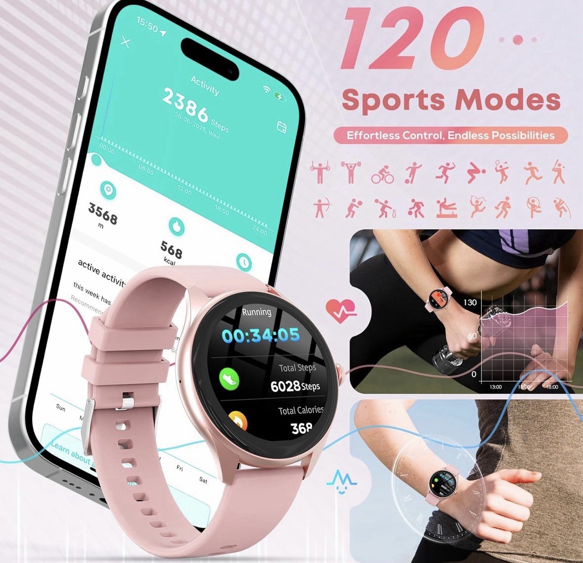 Pink Smart Watch Bluetooth Call 120 Sports Heart Rate Fitness iPhone Android