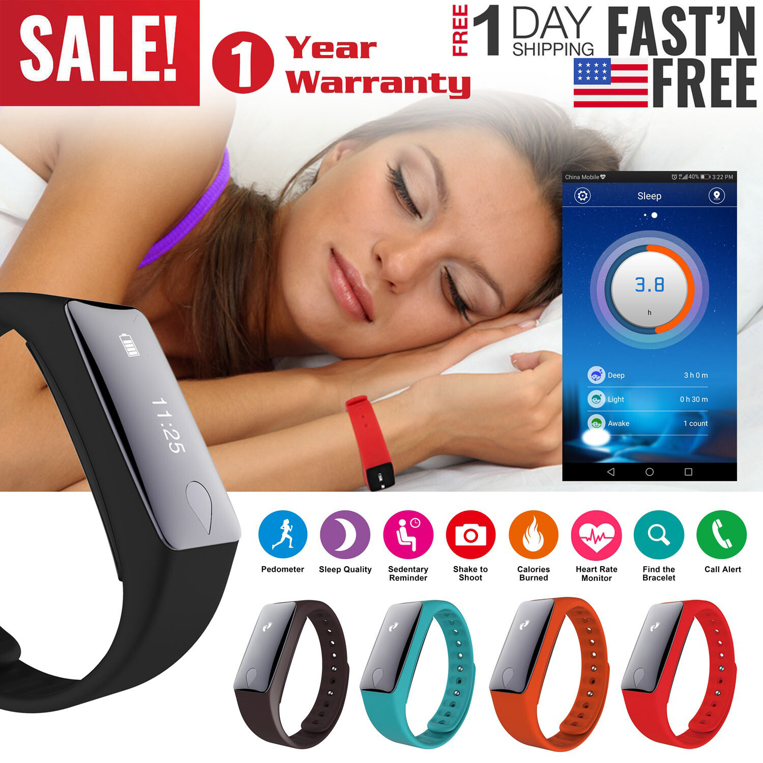 Sports Activity Sleep Tracker Heart Rate Fitness Pedometer Bracelet Smart Watch