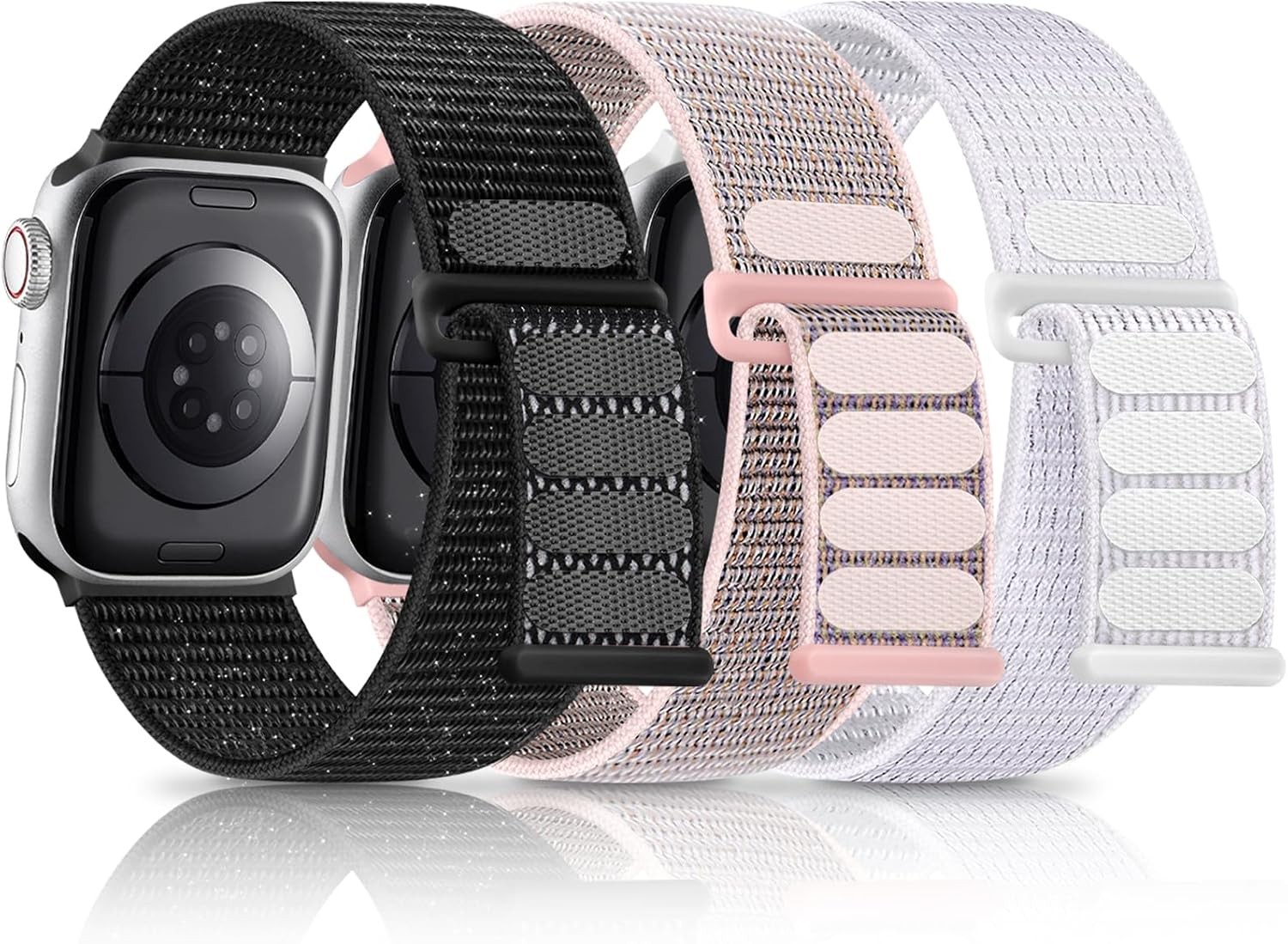 Woven Nylon Strap Compatible with Apple Watch 40mm 44mm Reflective Black/White/P