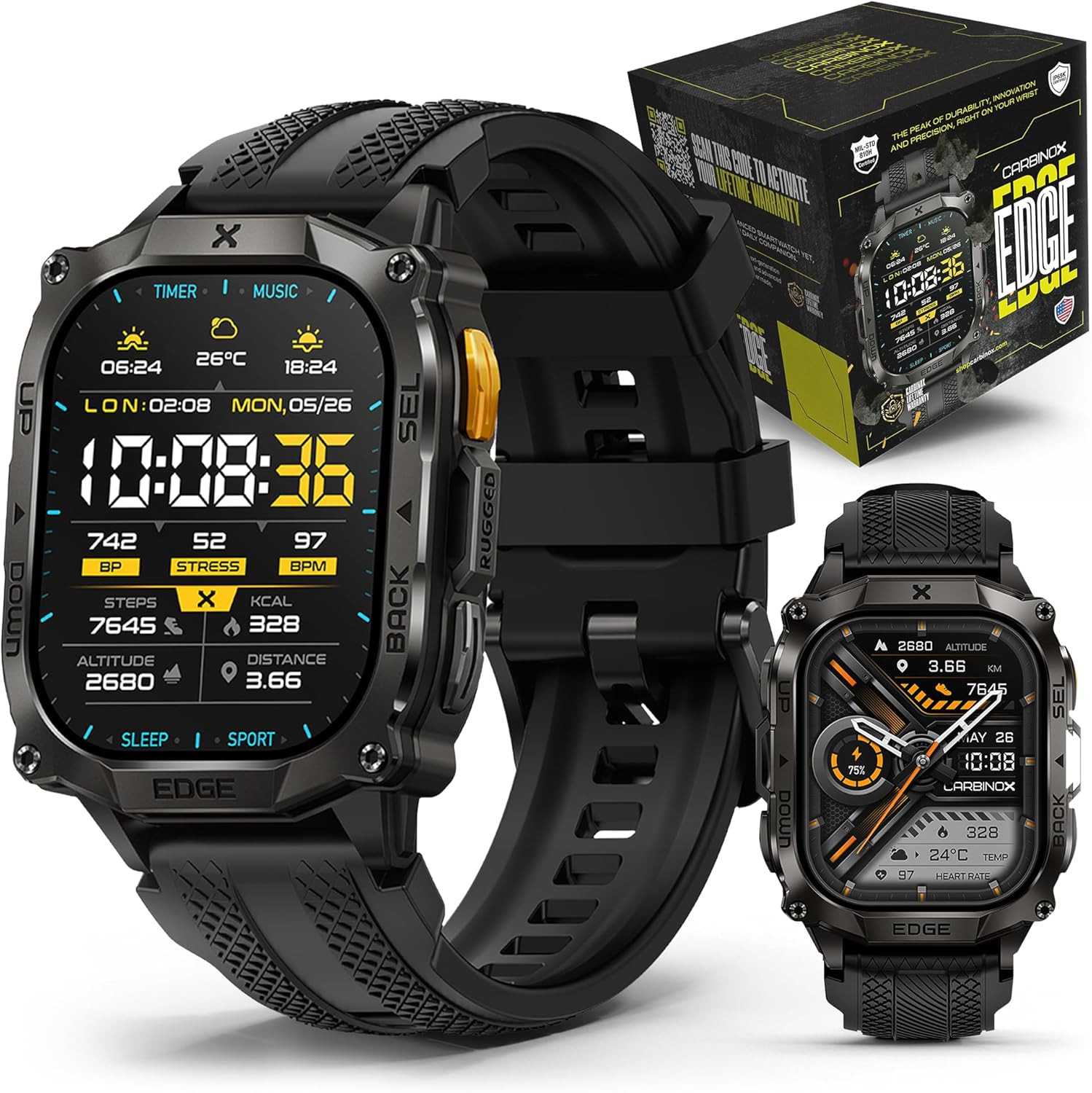 Edge Smart Watch Rugged, 1.96″ AMOLED, Stainless Steel, IP69K/5ATM Fitness Track