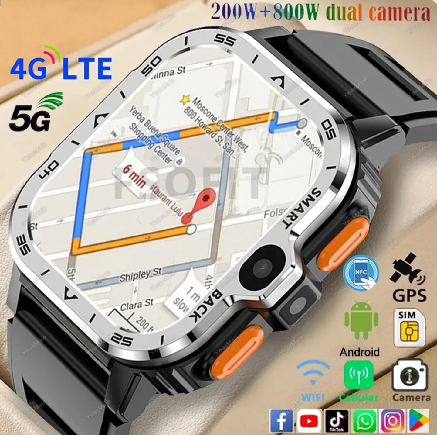 PGD 5G Android Smart Watch 2.03″ AMOLED Screen GPS NFC Wifi SIM Dual Camera