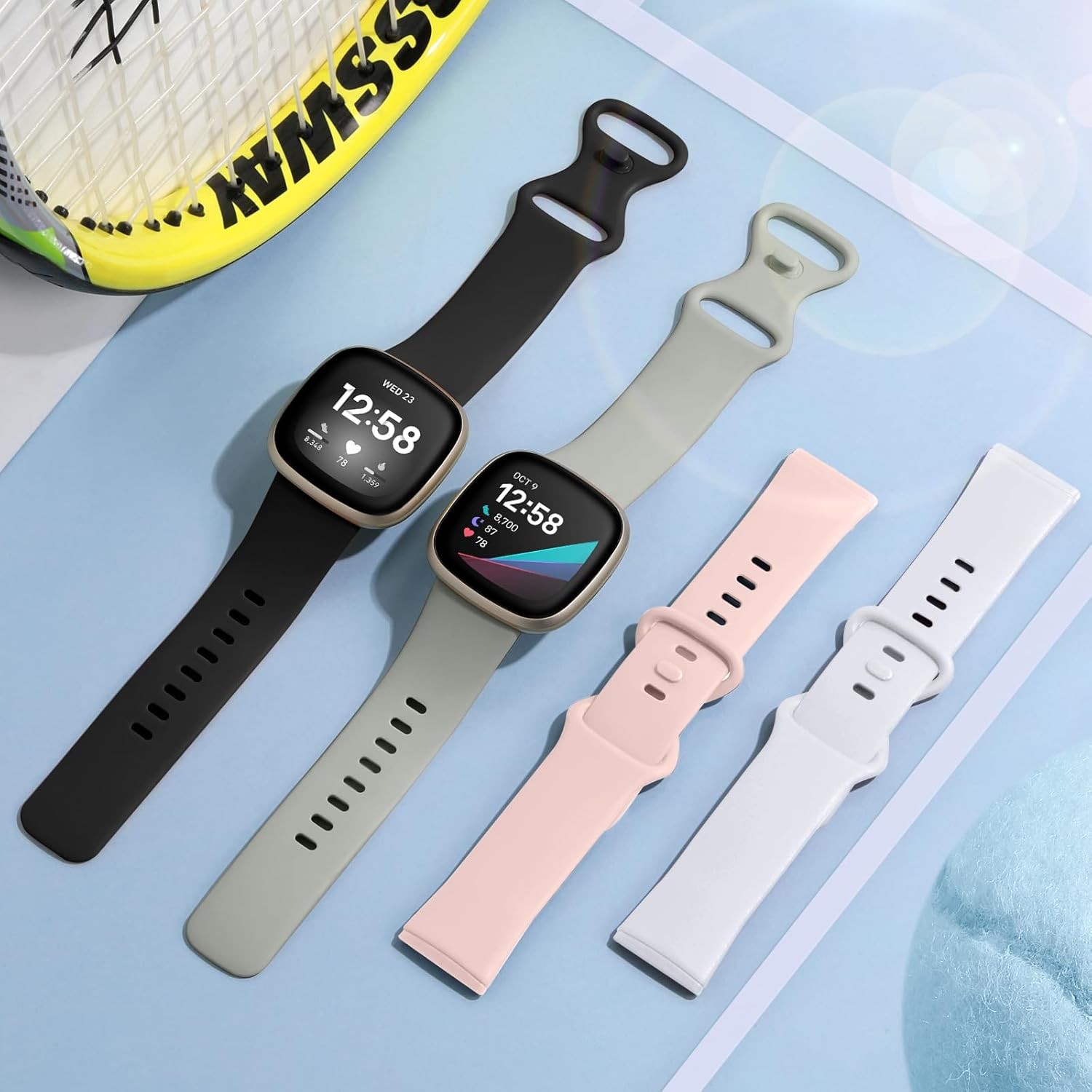 Silicone Strap Compatible with Fitbit Sense 2 and Versa 4, Small Black/Gray/Pink