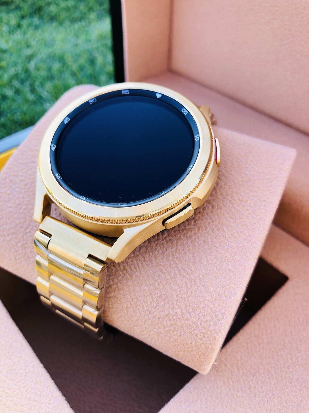 Custom 24k Gold 46mm Plated Samsung Galaxy Watch 4 Gold Bezel Gray And Gold Band