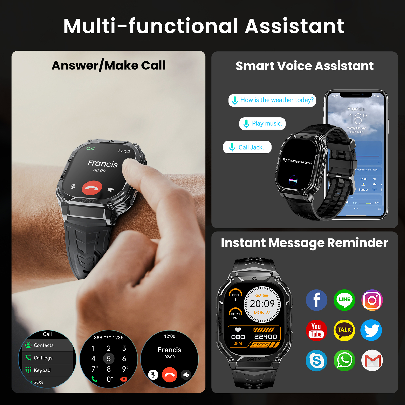 2024 AMAZTIM TANK T2 Ultra Smart Watches Men 50M Waterproof AOD Bluetooth Watch