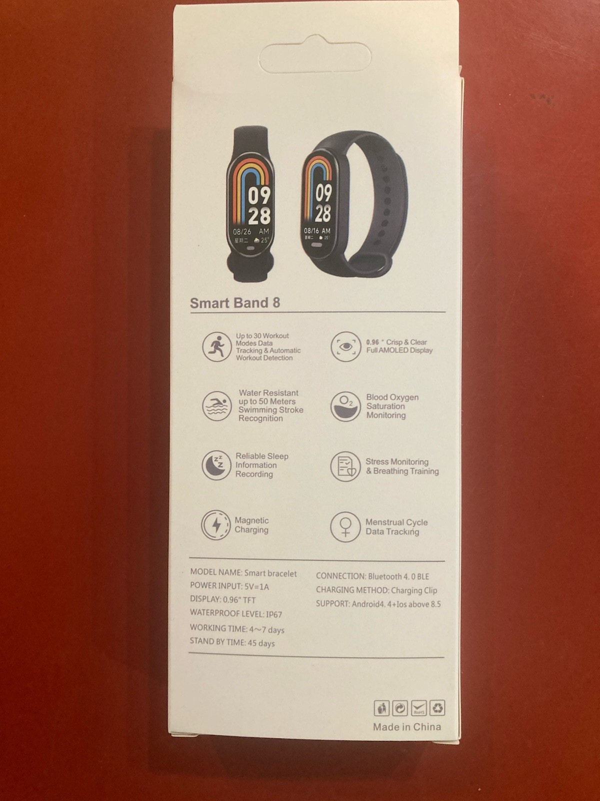 Smart Band 8 W/Charging Clip New Bluetooth 4.0 BLE Android 4.4 & Ios Above 8.5.