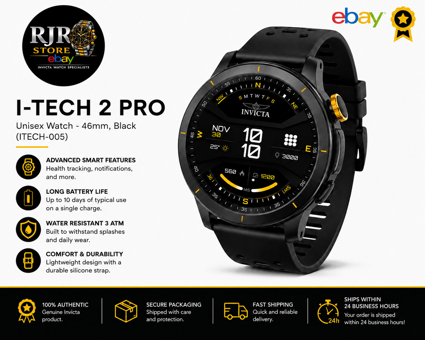 Invicta I-Tech 2 Pro 46mm Black Smartwatch Silicone Band Bluetooth HR Sleep