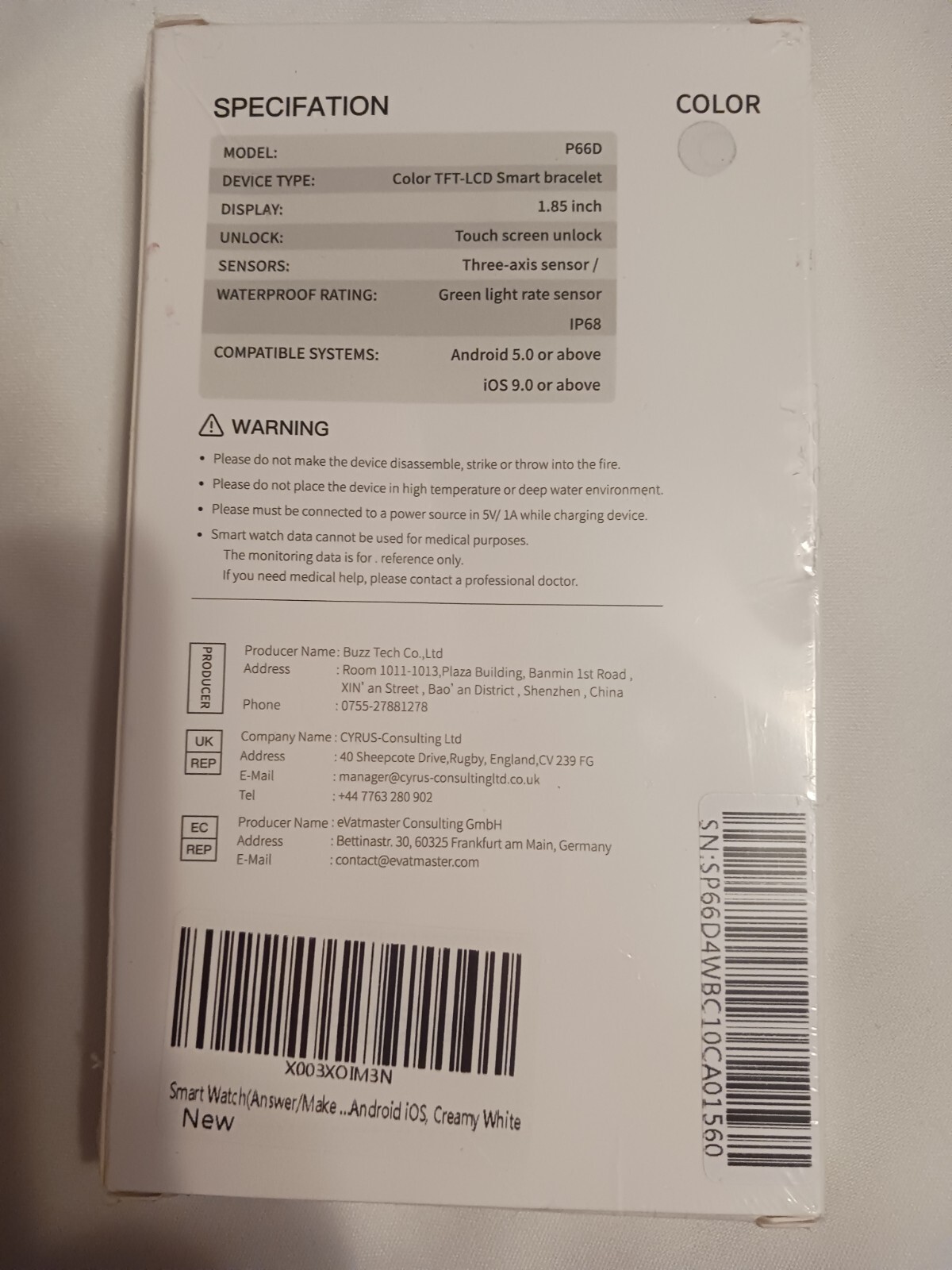 Nerunsa Smart Watch Android & IOS P66D White