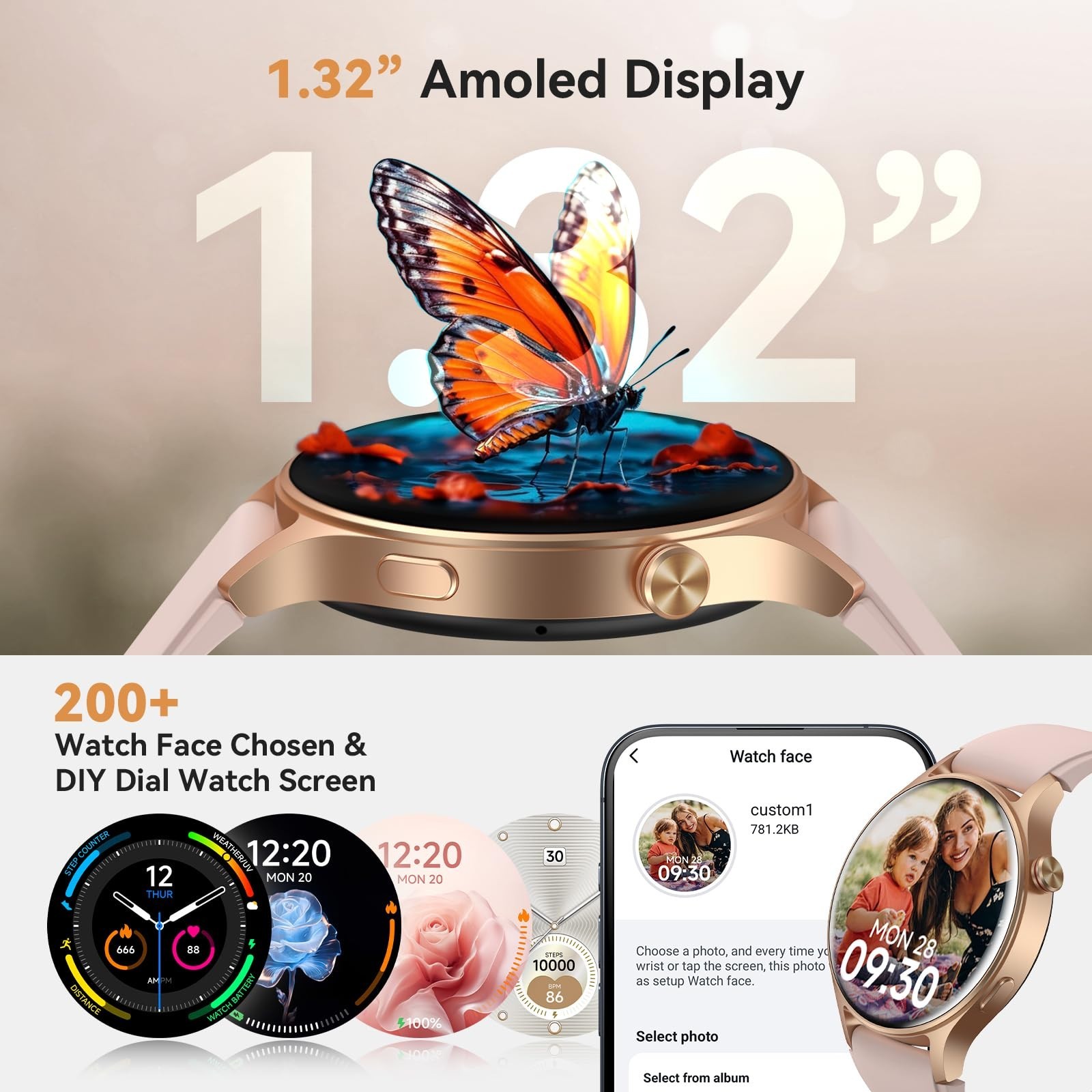 Fitness Smart Watch for Women – 1.32” AMOLED Screen, Call Function, Heart Rate