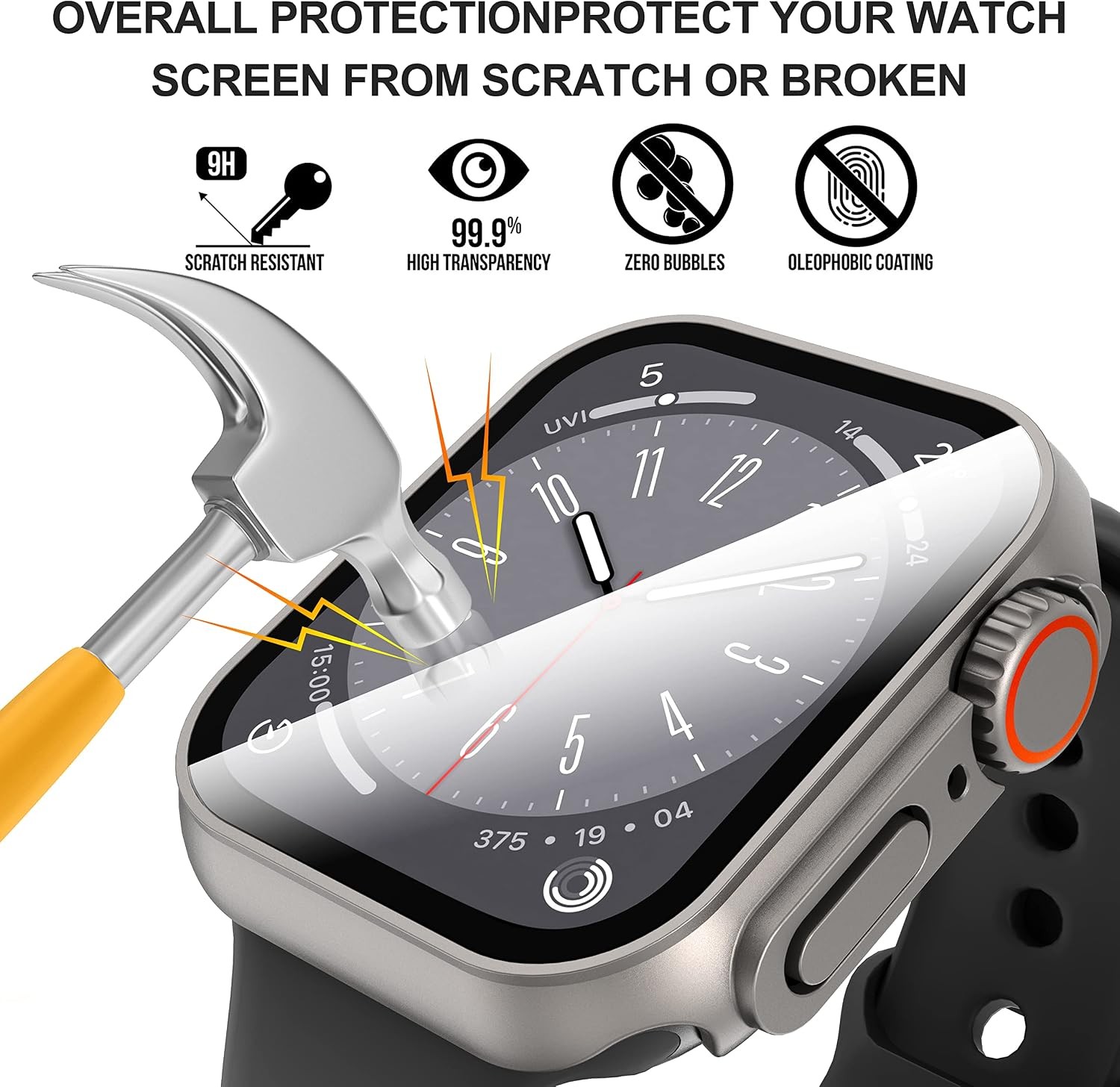 Tempered Glass Screen Protector Case for Apple Watch Series 7/8/9 45mm Durable