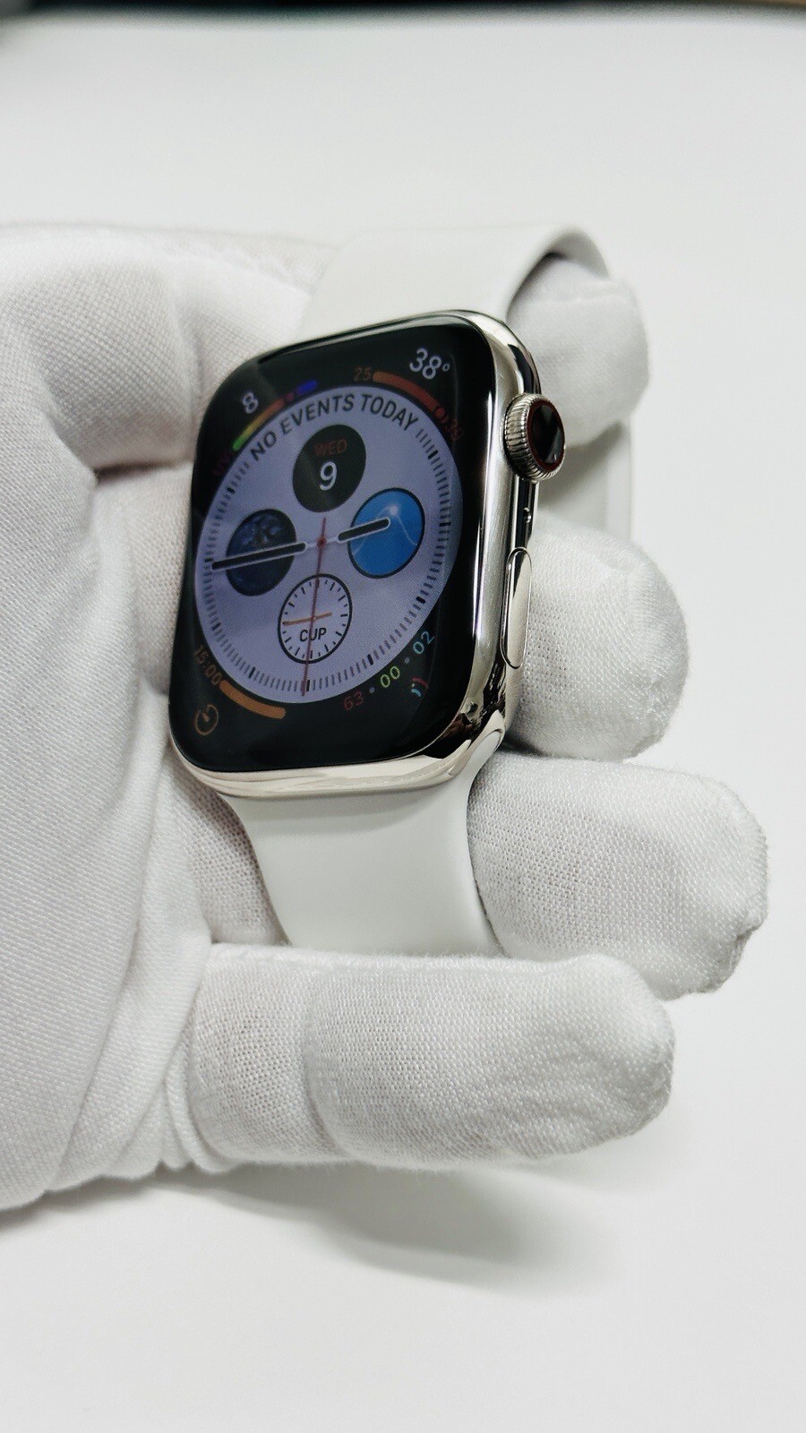 White Gold Plated Apple Watch 45mm CUSTOM Stainless Steel Series 9 White Sport B