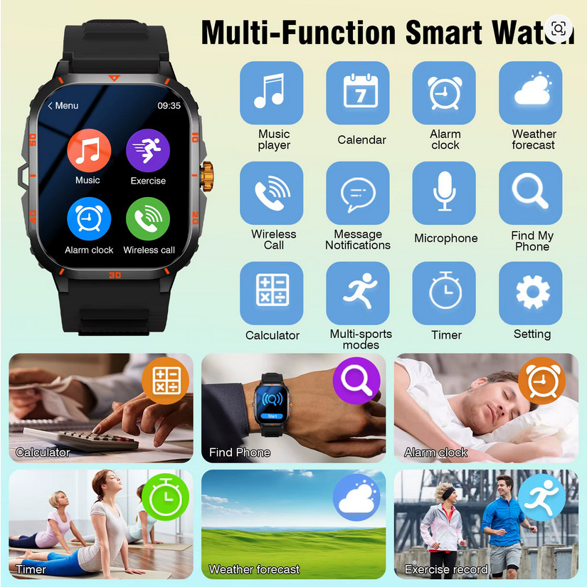 2025 Smart Watch Men Bluetooth Call Fitness Tracker Dual Strap Step Counter Flas