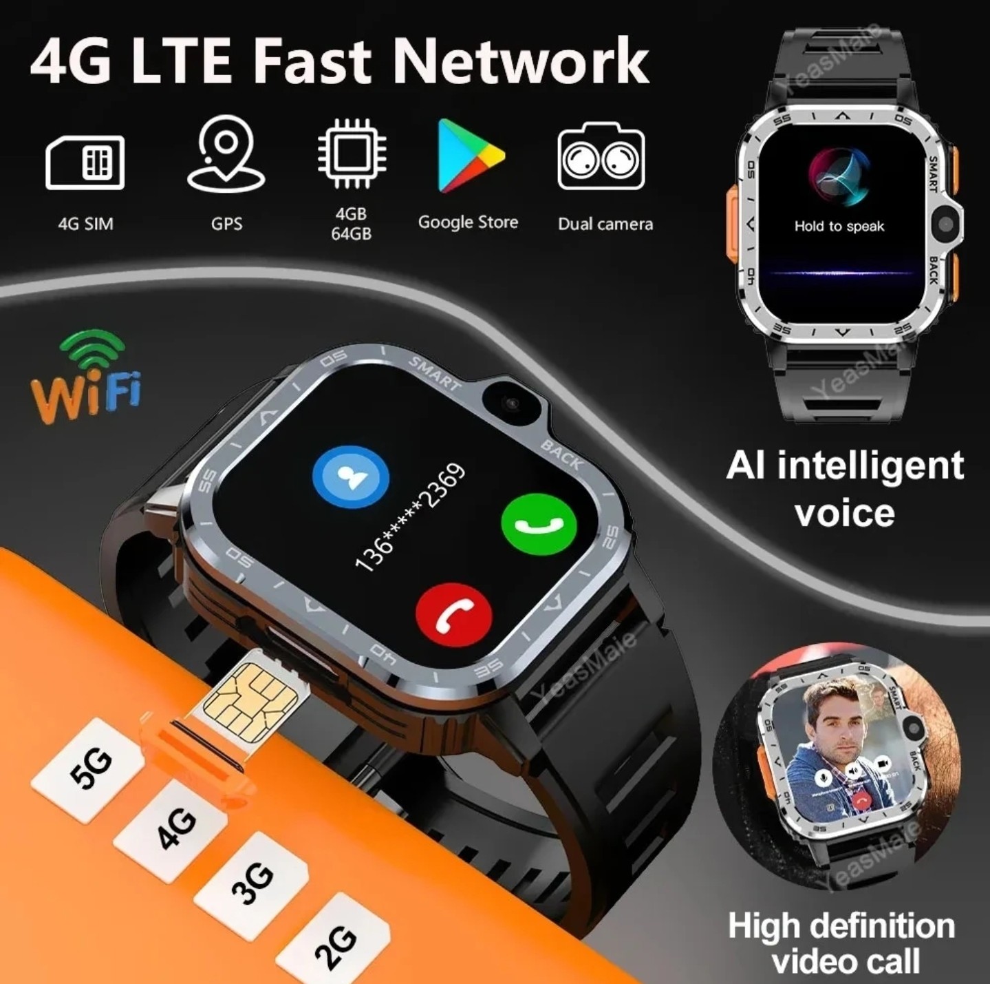 PGD 5G Android Smart Watch 2.03″ AMOLED Screen GPS NFC Wifi SIM Dual Camera