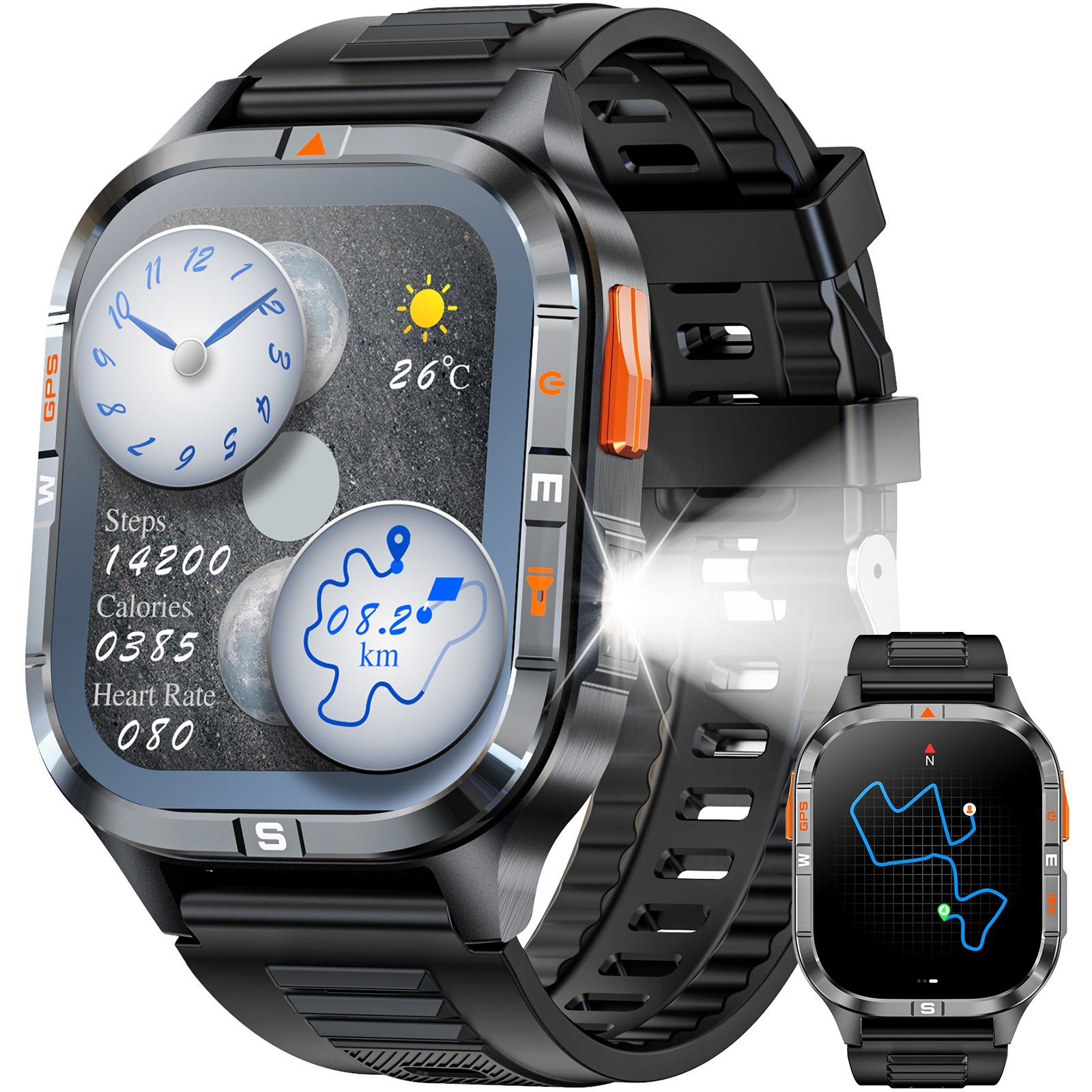 Military GPS Smart Watch for Men Bluetooth Call Compass Flashlight Waterproof