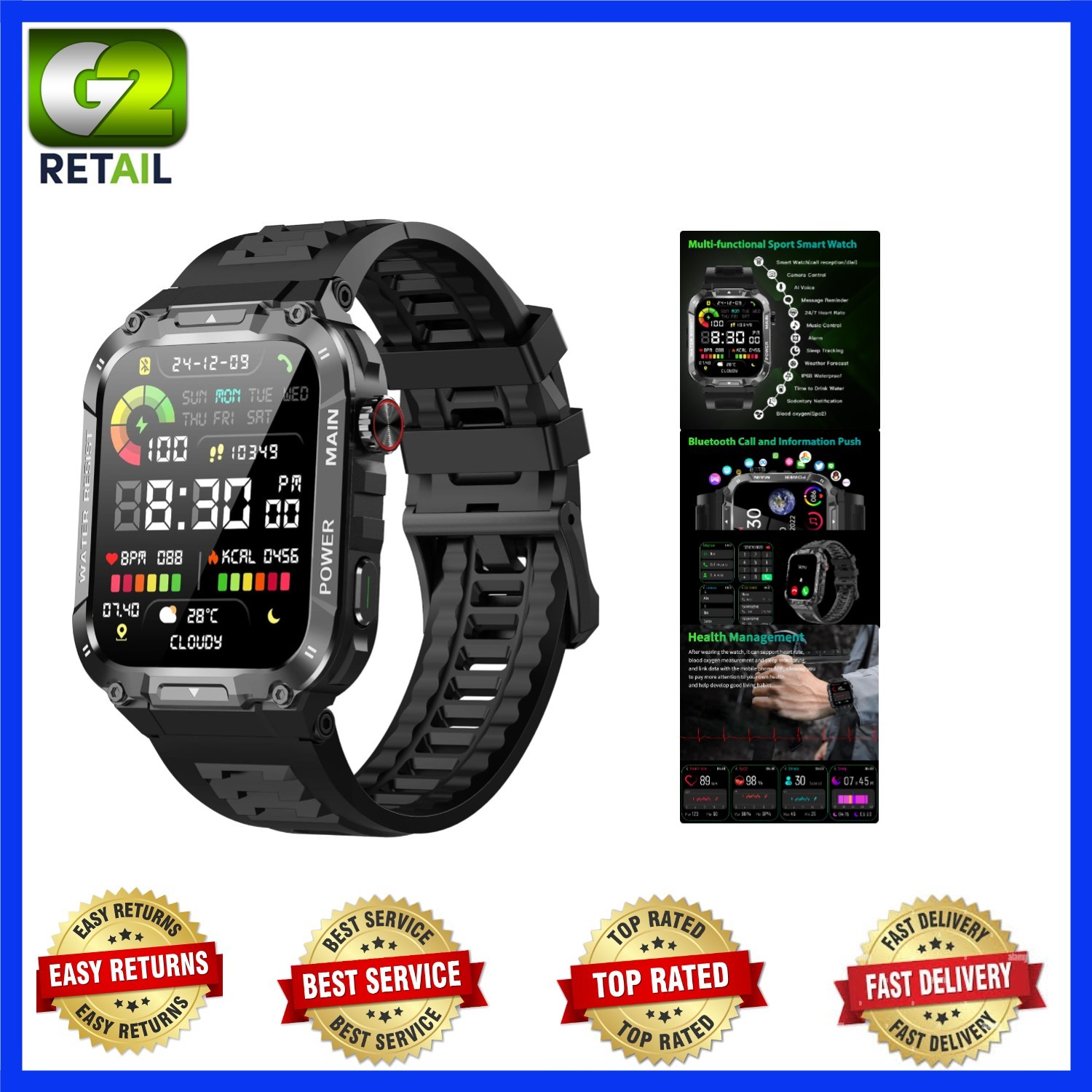 Rugged Military Smart Watch for Men – Calls, Fitness Tracker & Water Resistance