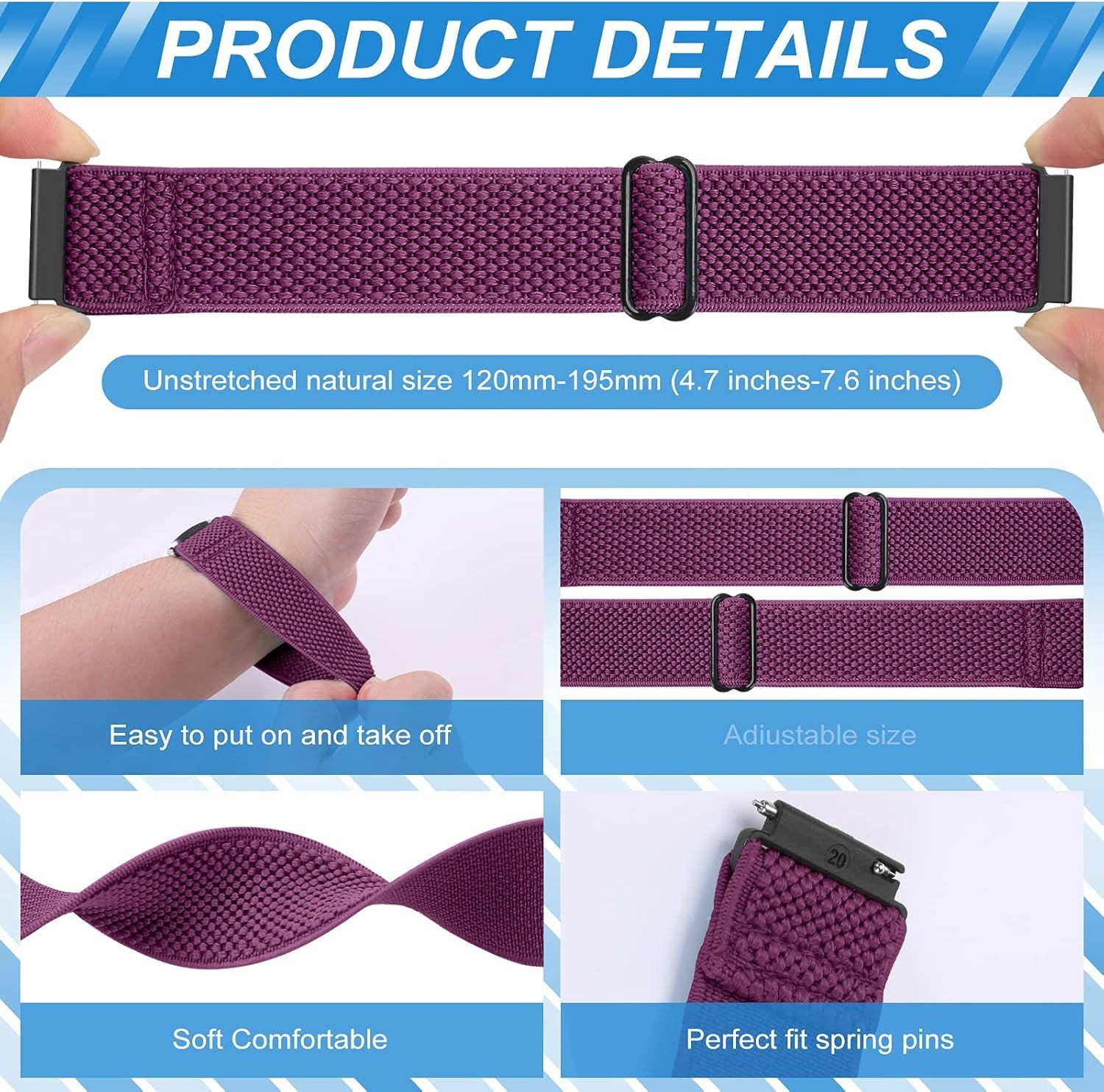 Adjustable Stretchy Nylon Strap Compatible with 20mm Watch Bands