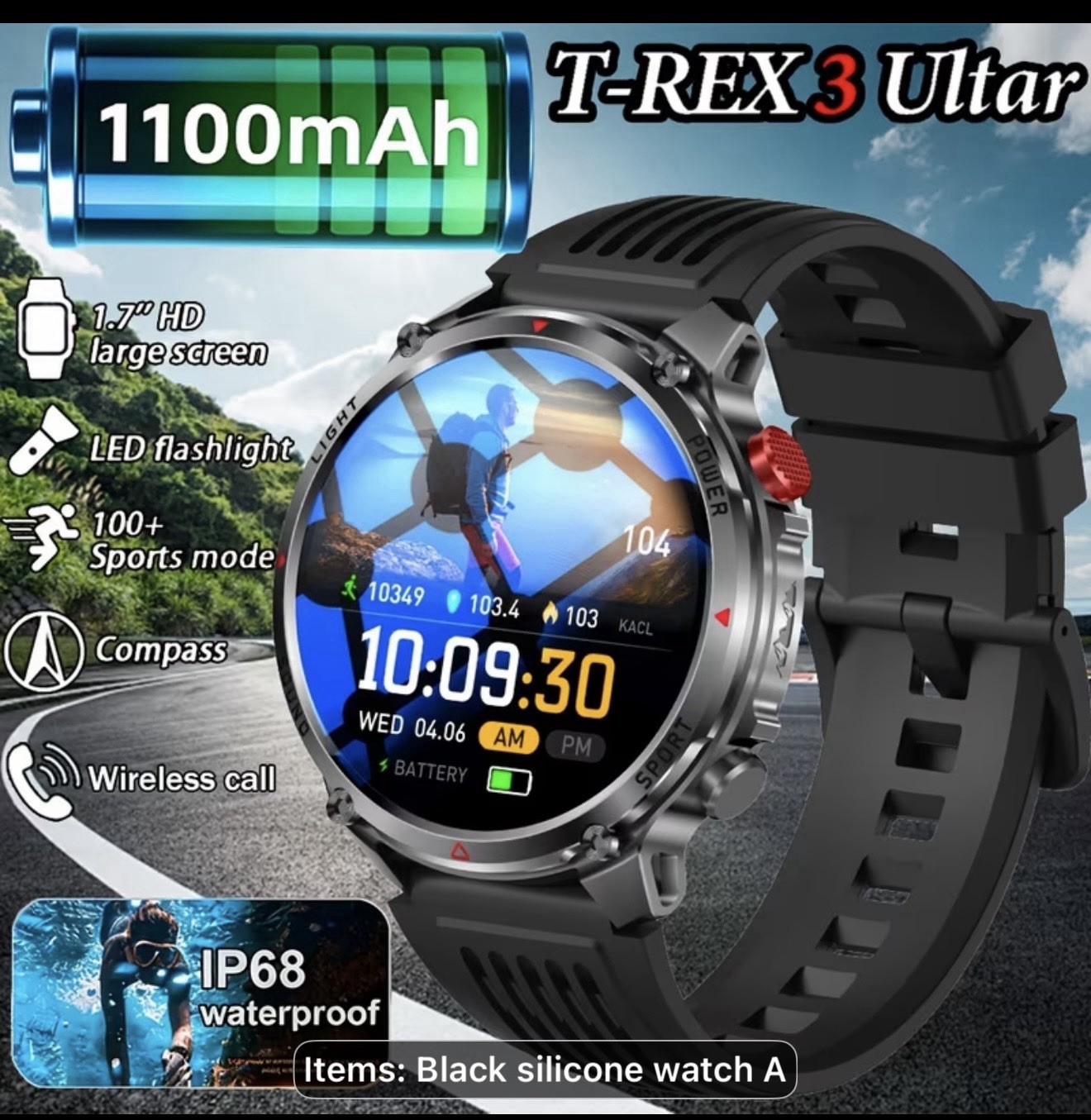 T-REX 3 Ultar Smart Watch 1.7in HD Touch Screen IP68 Waterproof Compass
