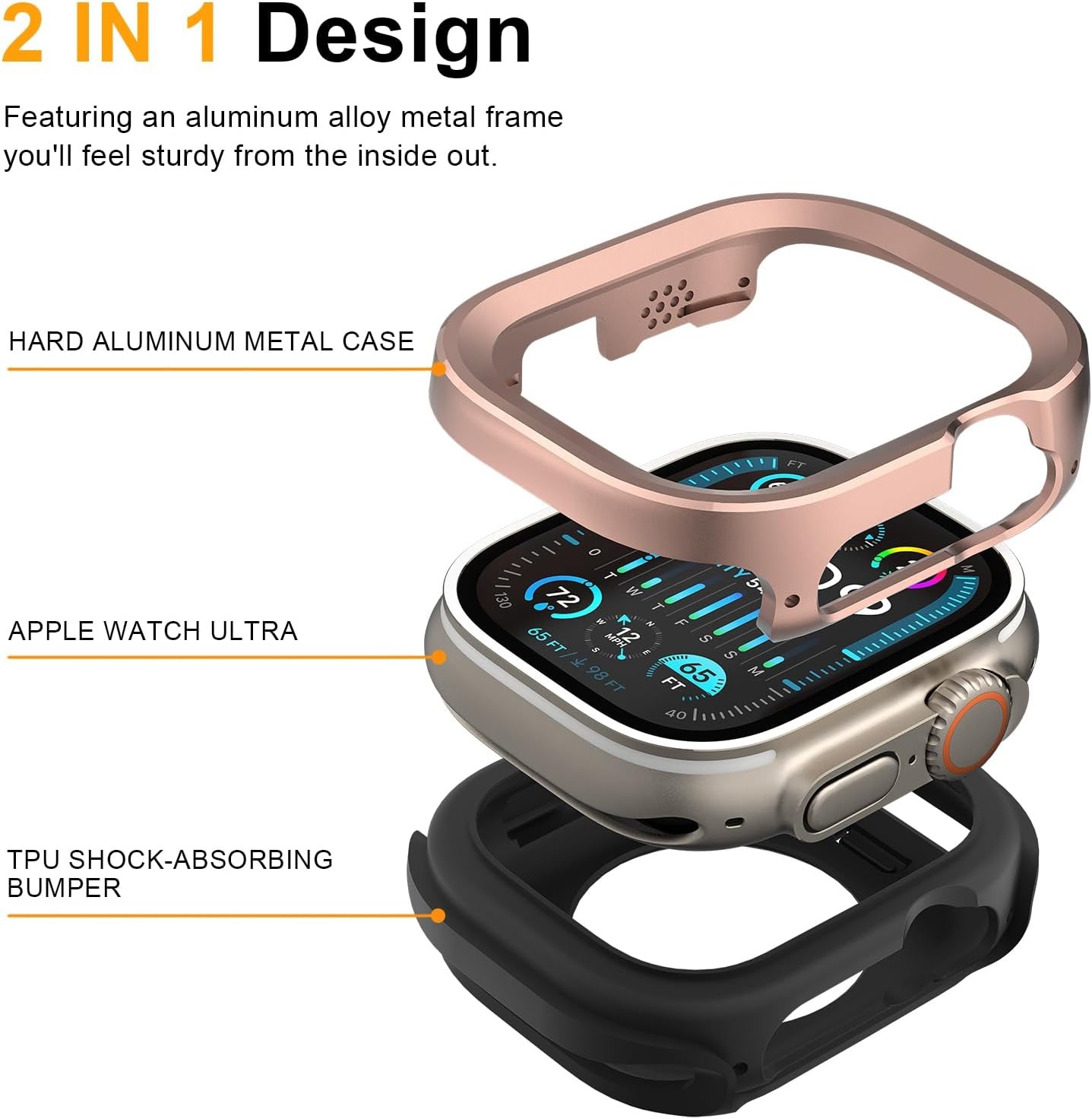 2 in 1 Rugged Case for Apple Watch Ultra 49mm, Shockproof Aluminum Bumper