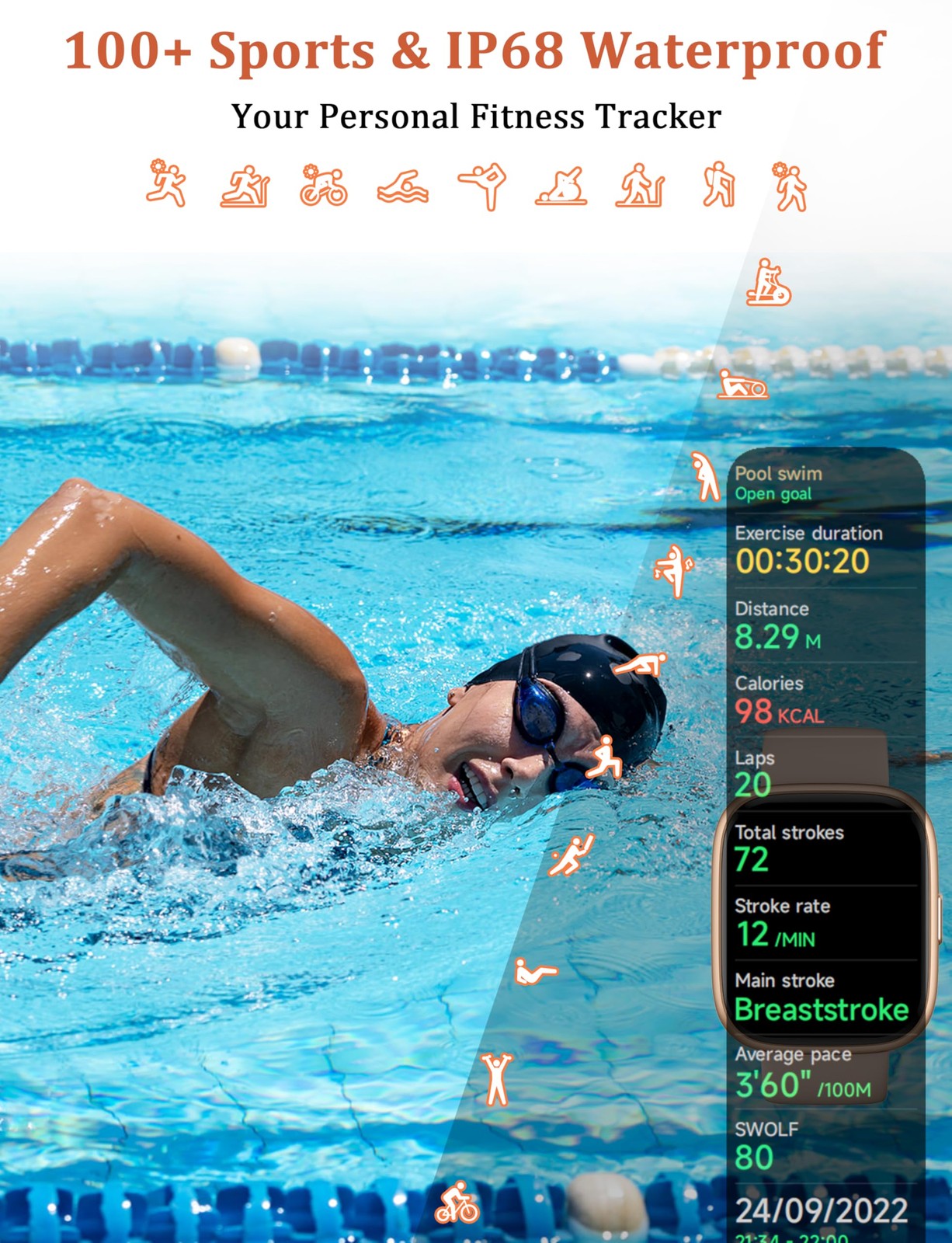 “44mm Smartwatch with Alexa, Waterproof, Heart Rate, Sleep Monitor for iOS &