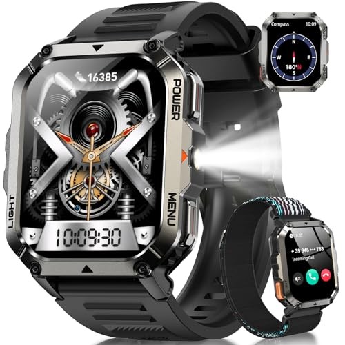 Military Tactical Smart Watches for Men, 100-Day Battery Rugged W70Pro-Black