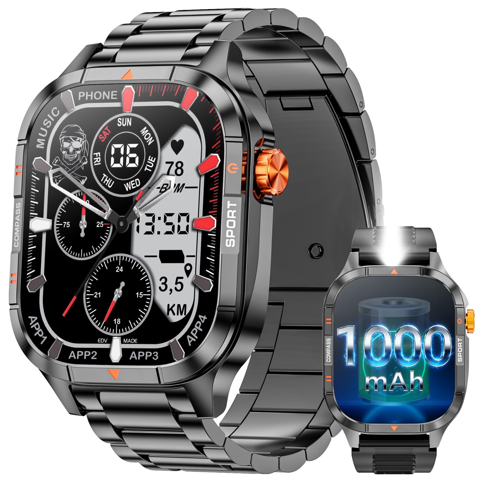 Military Smart Watch Men Bluetooth Call,2.01″HD 1000mAh 2 Straps For iOS Android