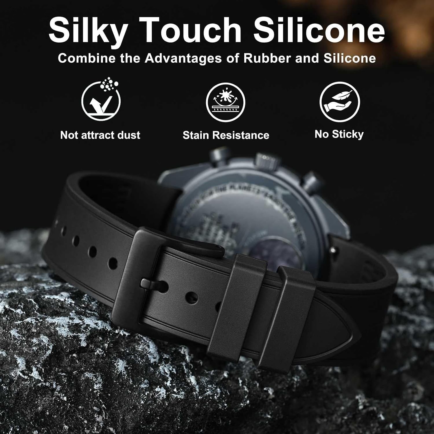 Case For 22mm Apple Watch Band, Curved End, Silky Touch Silicone, Black Buckle