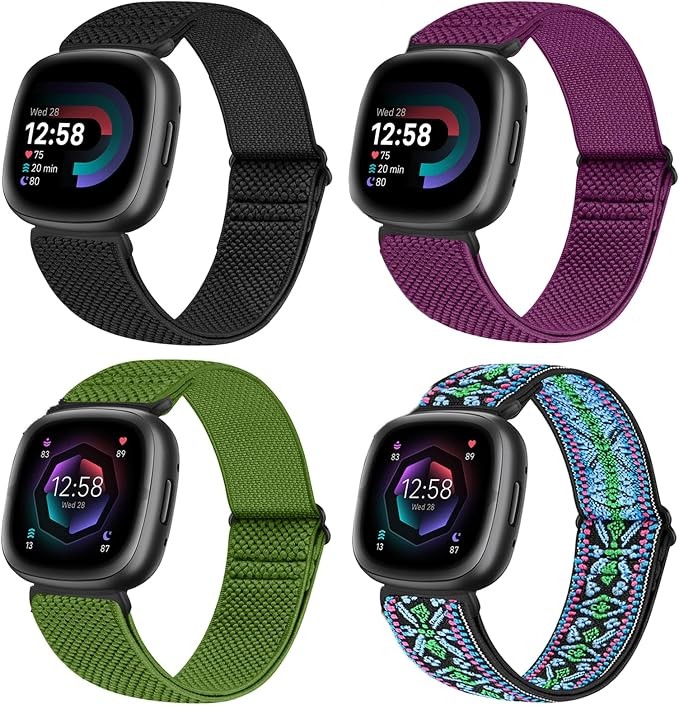 4 Pack Elastic Nylon Watch Bands Compatible with Fitbit Versa 4/3 and Sense 2/3