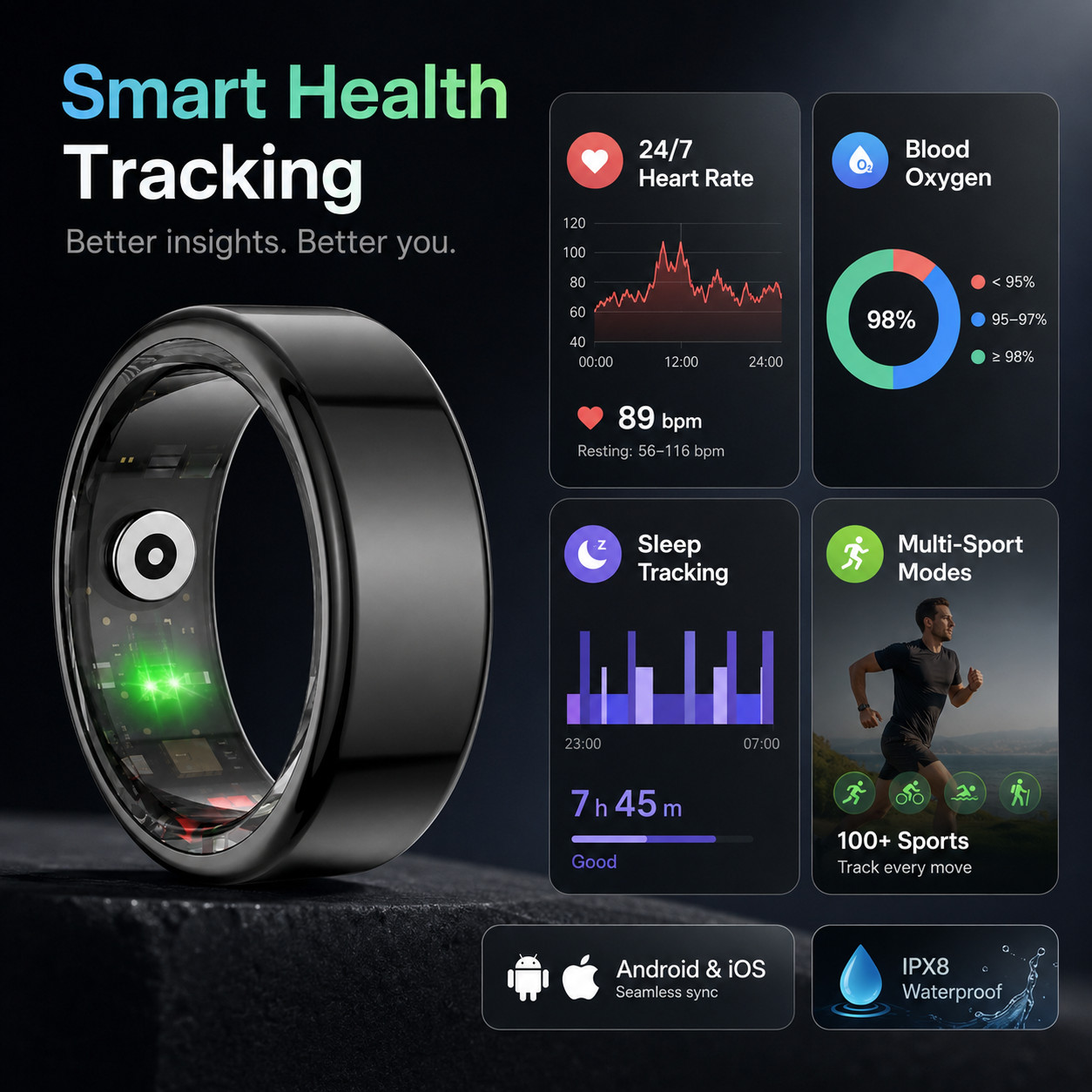 Smart Ring Fitness Tracker Heart Rate Blood Oxygen Sleep Monitor Waterproof iOS