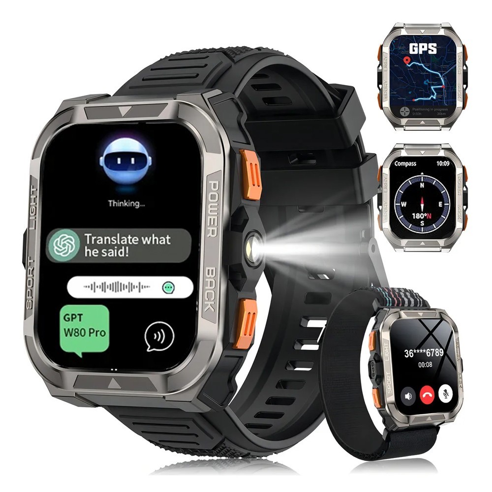 2026 NEW W80 Pro Rugged Smart Watch Men GPS Sport Tracker AI Translation Watch