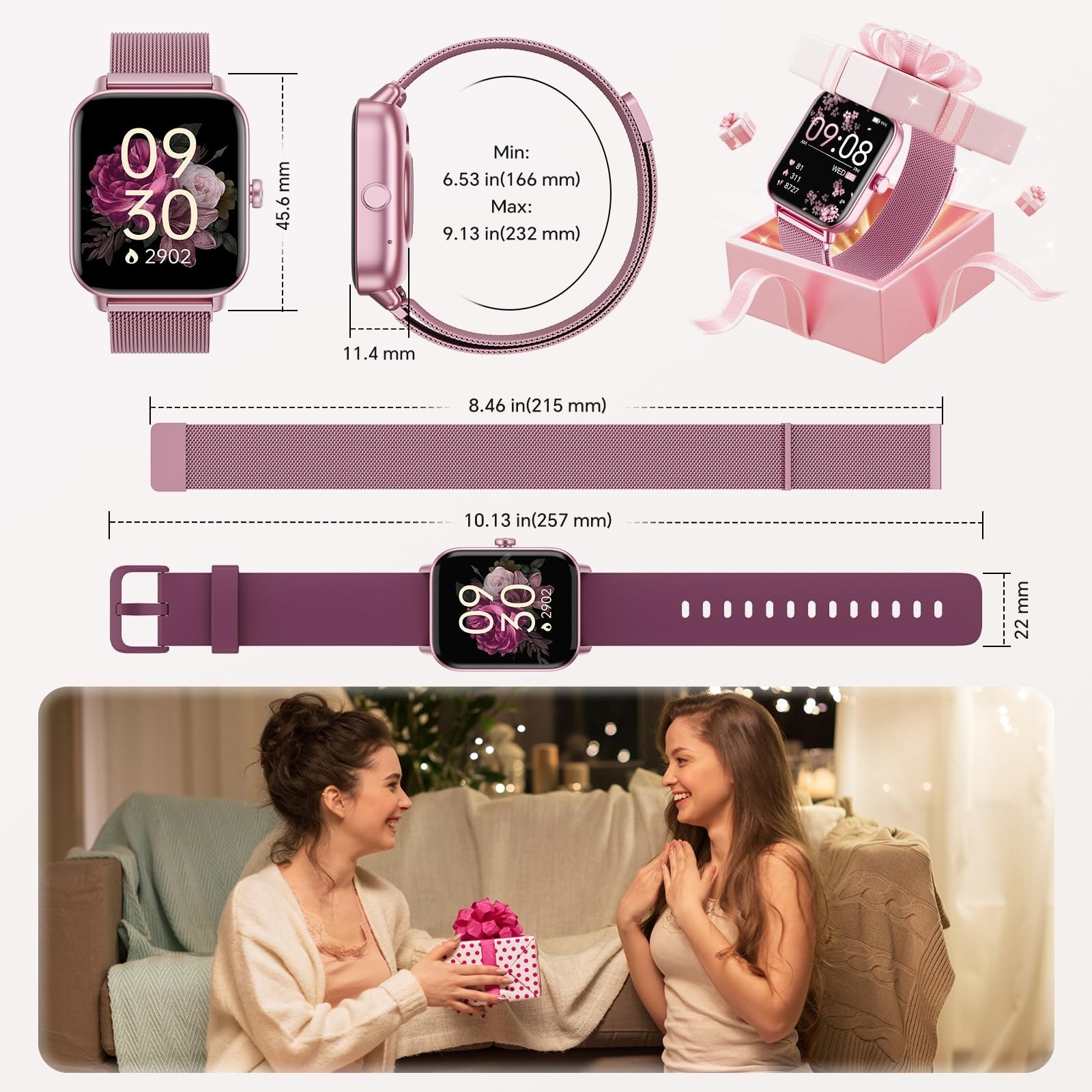 Women’s Smart Watch 1.85” HD, Calls/SMS/Reminders, Fitness Tracker, Heart Rate,