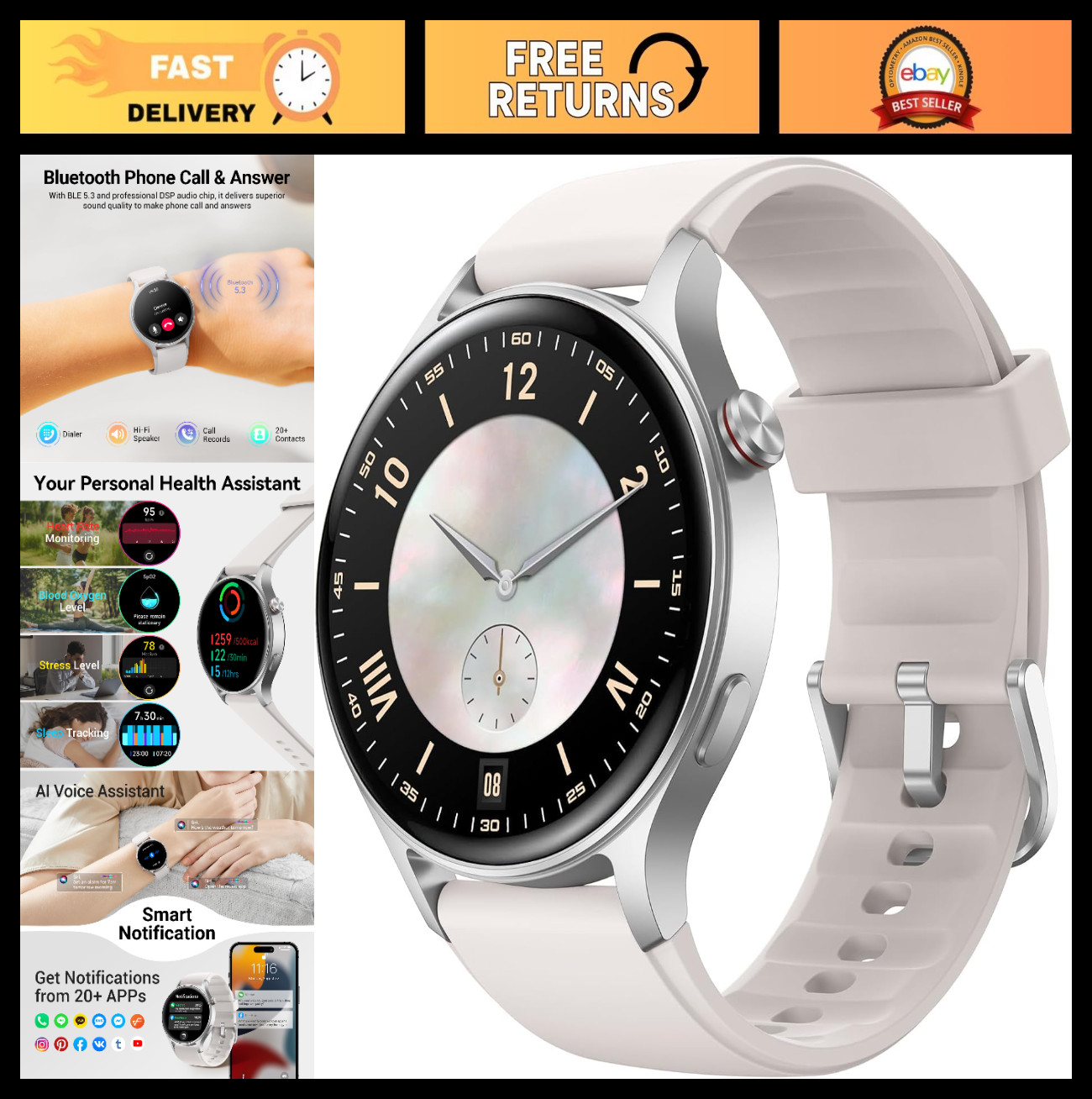 1.3″ AMOLED Touchscreen Smart Watch, Fitness Tracker, Heart Rate Monitor, Waterp