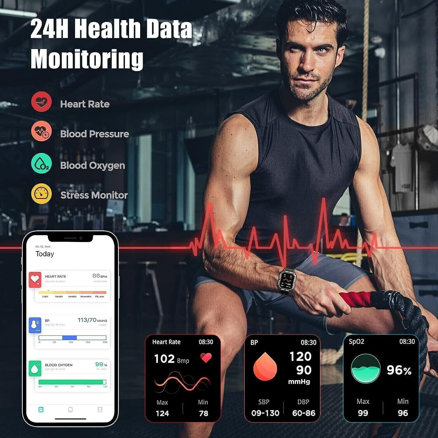 2024 New Blood Pressure Smart Watch Men Military Fitness Tracker Wristwatch