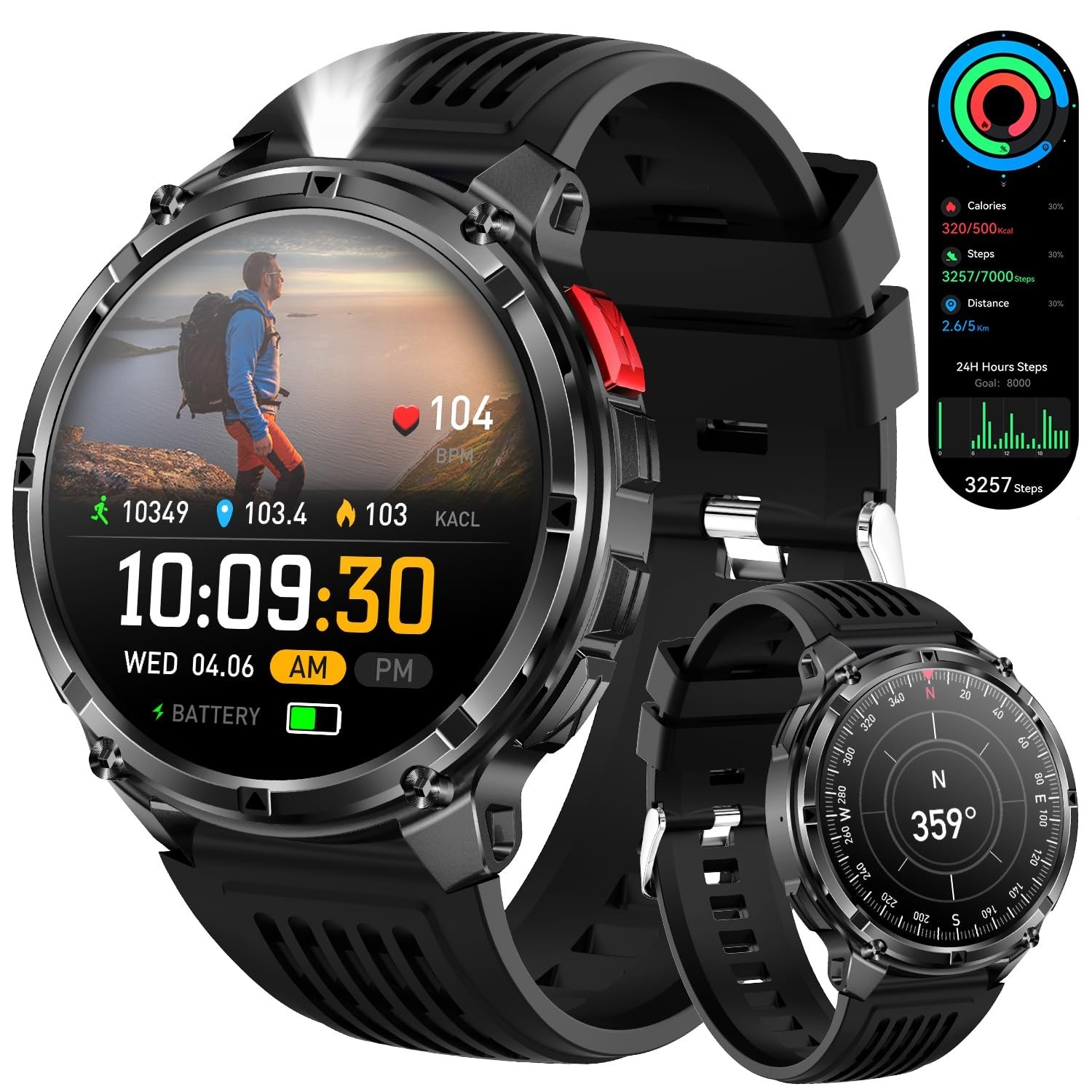 Men’s Military Smart Watch – Fitness Tracker, Waterproof, 100+ Sport Modes, Hear