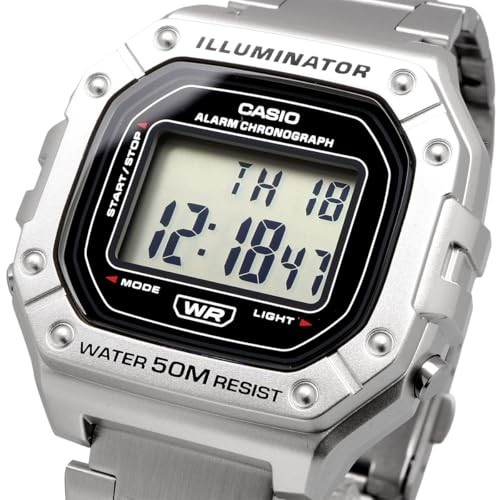 CASIO Men’s Digital Watch W-218HD-1AV Silver Metal Band Stopwatch Alarm
